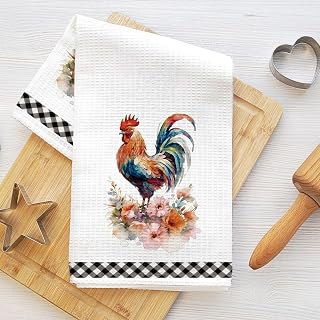 Farm Rooster Kitchen Towels, Black White Buffalo Plaid Farmhouse Bathroom Decorative Absorbent Microfiber Dish Cloth Tea Towel Waffle Hand Towels for Kitchen Home Bathroom, Housewarming Gifts