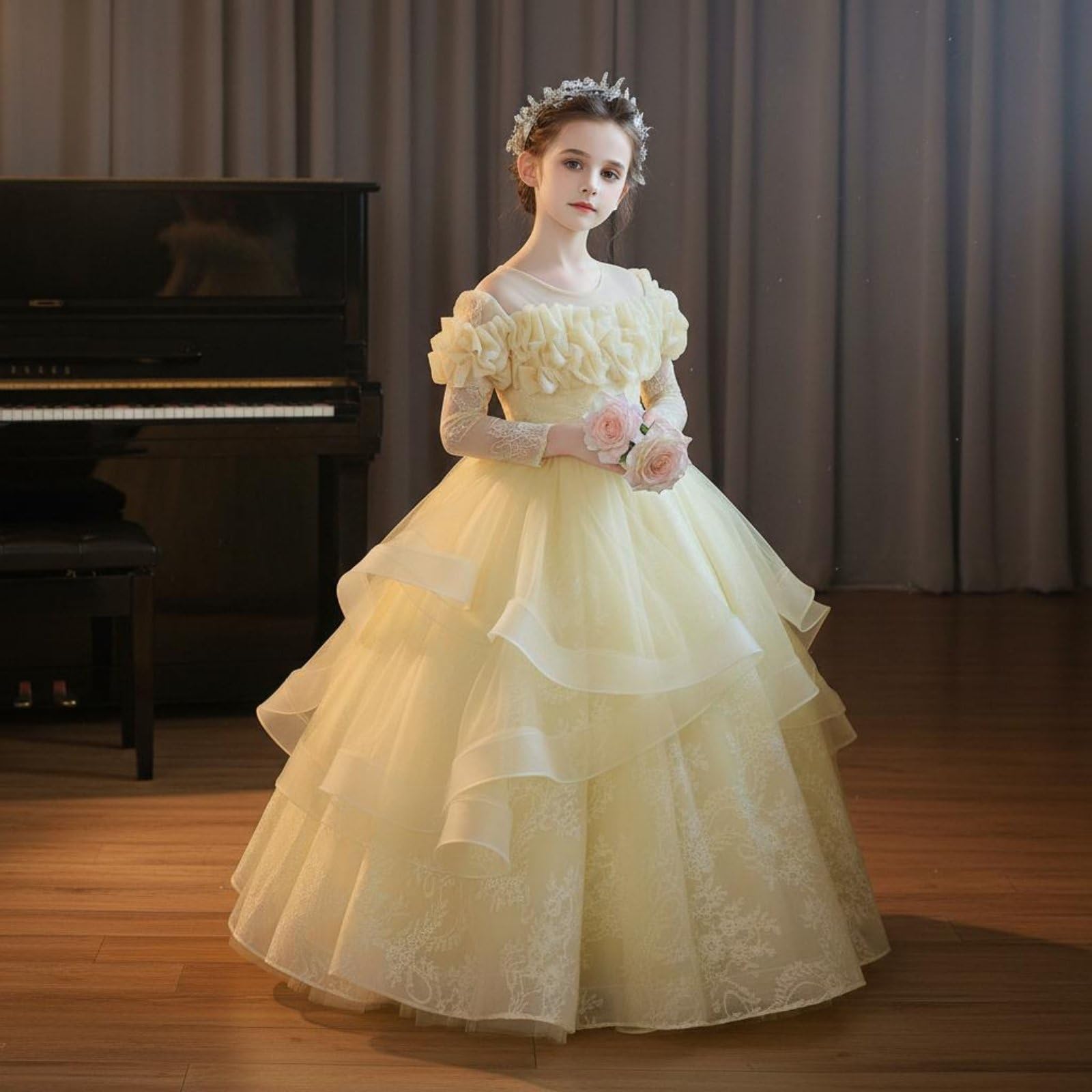 Vestido para Fiesta de Niña Vestido Princesa Vestido Vestido Niña Vestido con Tul Abundante Encaje y Flores en Relieve Mezcla de Poliéster con Forro, 150CM