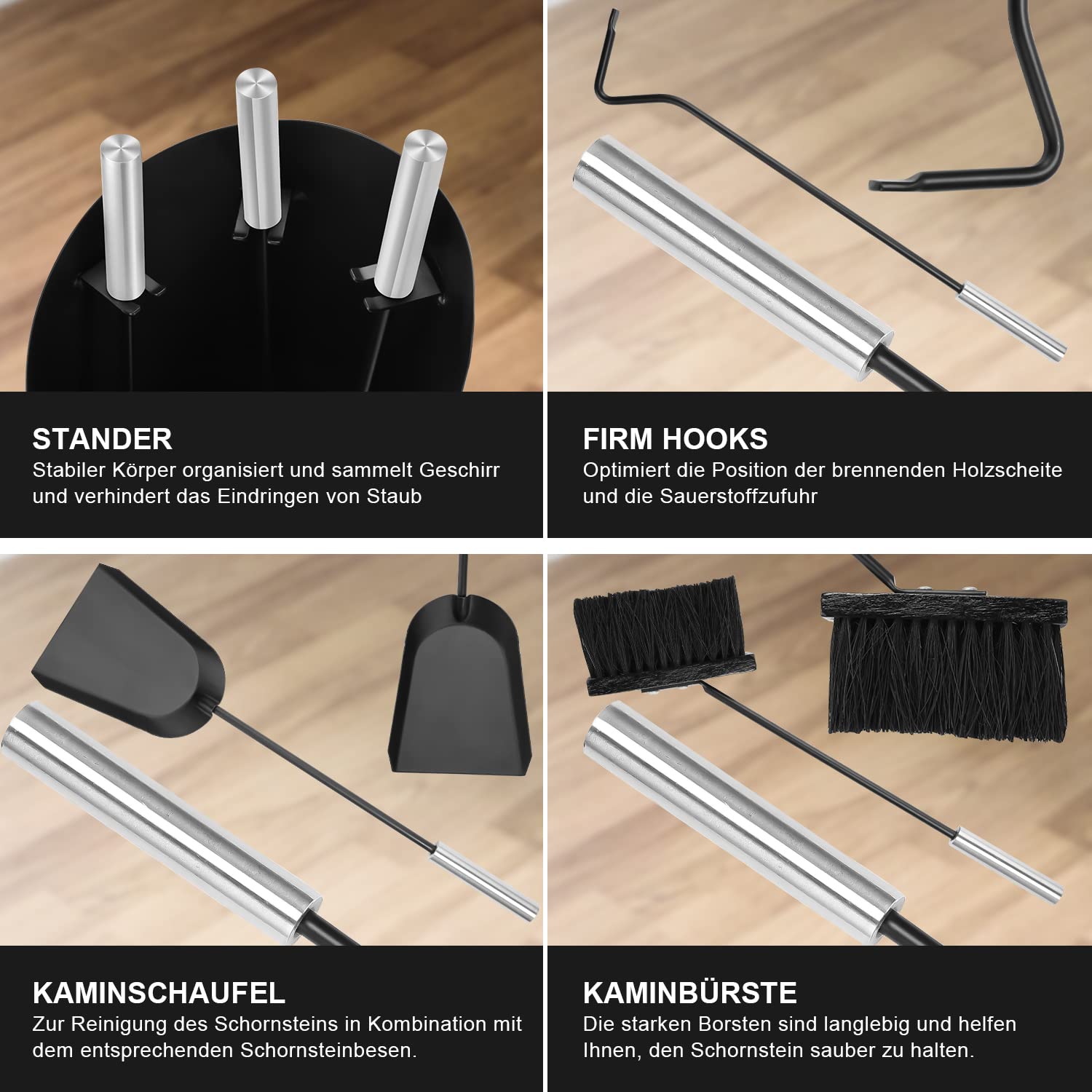 Herrselsam Set di attrezzi per camino 4 pezzi, accessori per camino con pratica custodia per camino per cucina, casa, soggiorno, accessori decorativi, set per la pulizia del camino, strumenti per