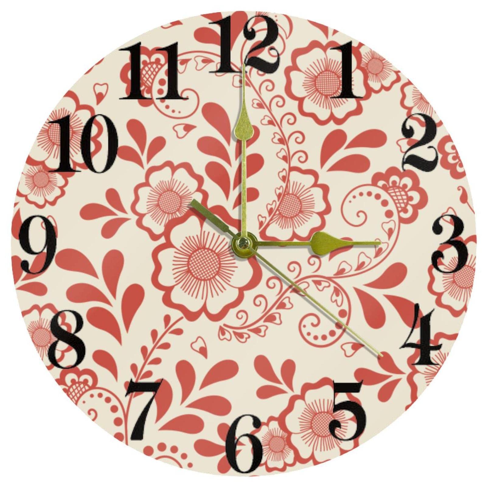 Horloge murale ronde quartz 25 cm à motif floral rouge corail et mécanisme silencieux