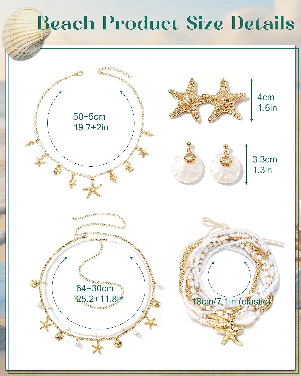 14 Pcs Seashell Starfish Jewelry Set for Women Stackable Anklets Bracelets Starfish Waist Chain Earrings Necklace Summer Beach Jewelry