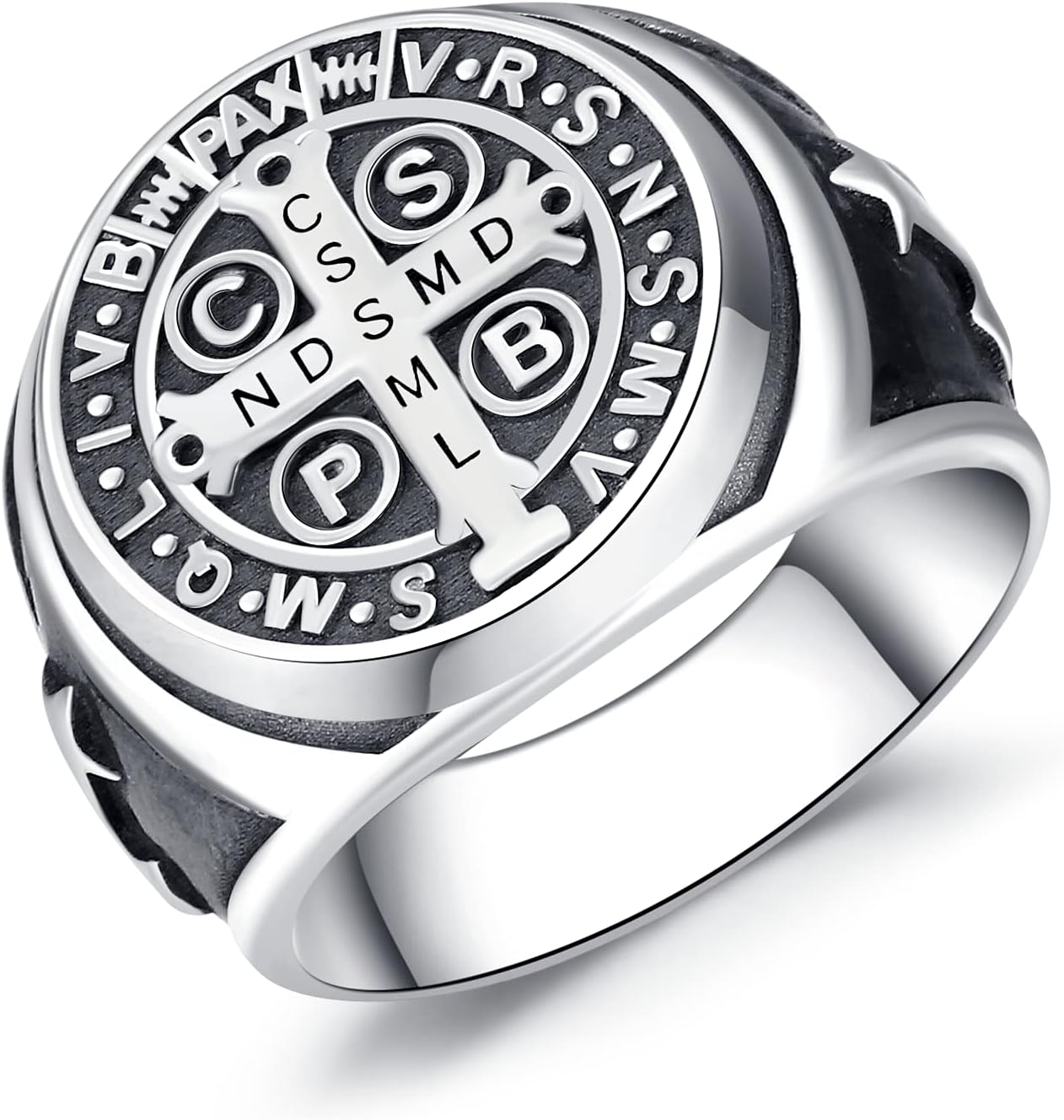 Sterling Silver St Benedict Ring, Saint Benedict Exorcism Ring Catholic Roman Cross Protection Amulet Gifts for Men Size#7-13