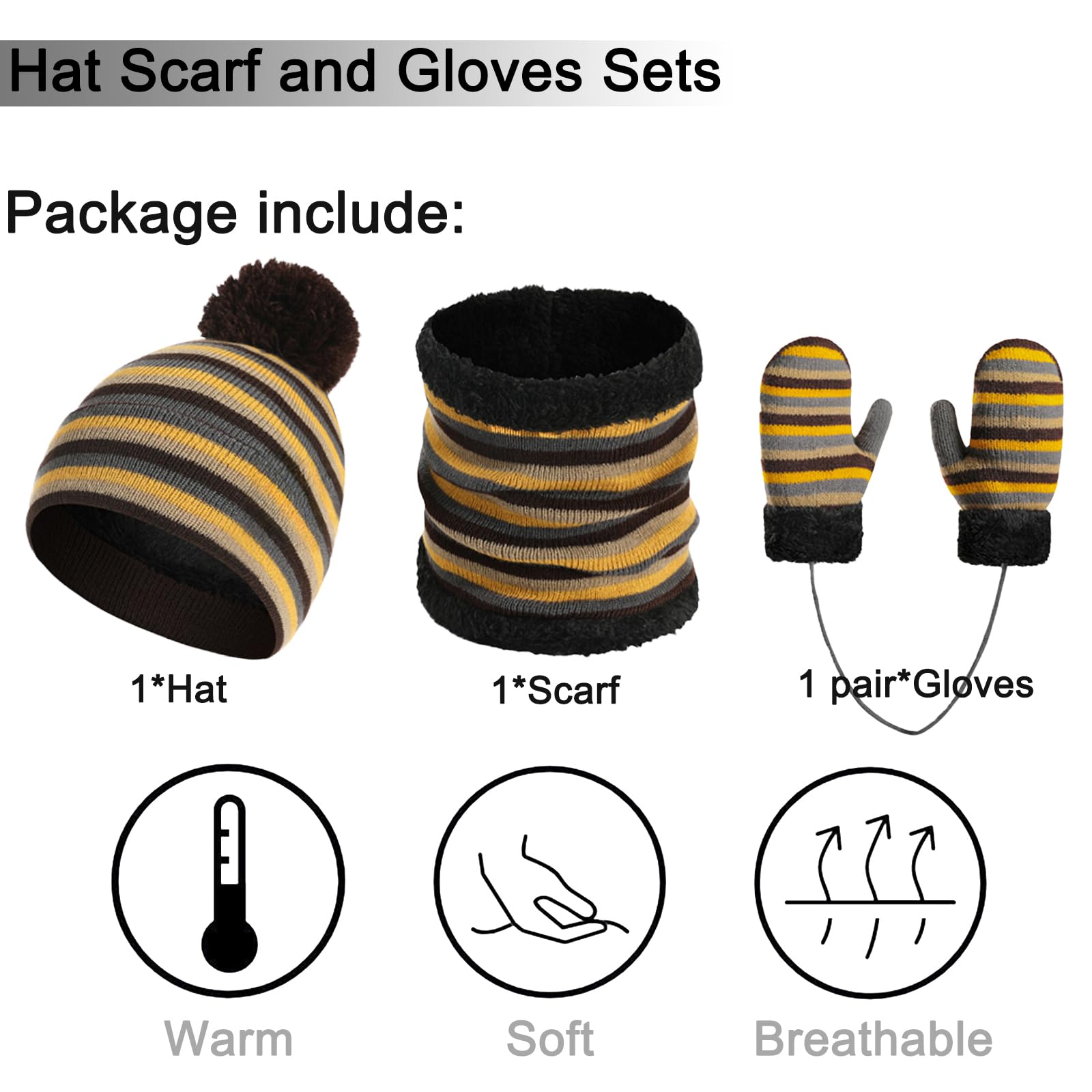 Enfant Bonnet Écharpe et Gants Ensemble Bonnets Tricotés avec Pompon Écharpe d'hiver Chaude Gants écharpe Bonnet Tricot Doublure Épaisse pour Fille Garçon 2-6Ans
