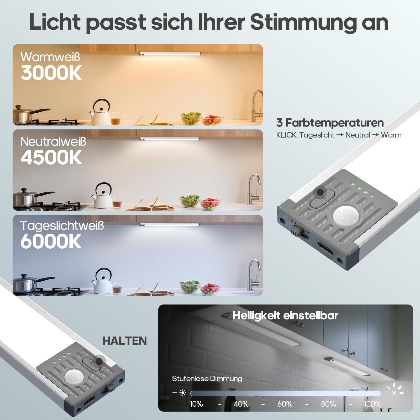 GOODEA 44.5CM Unterbauleuchte Küche LED Schrankbeleuchtung - 4500mAh Akku Bewegungsmelder Licht - 3 Farbten Dimmbar Unterschrank Beleuchtung Magnetisch LED Leiste für Küchen Schrank Büro RV [2er Set]