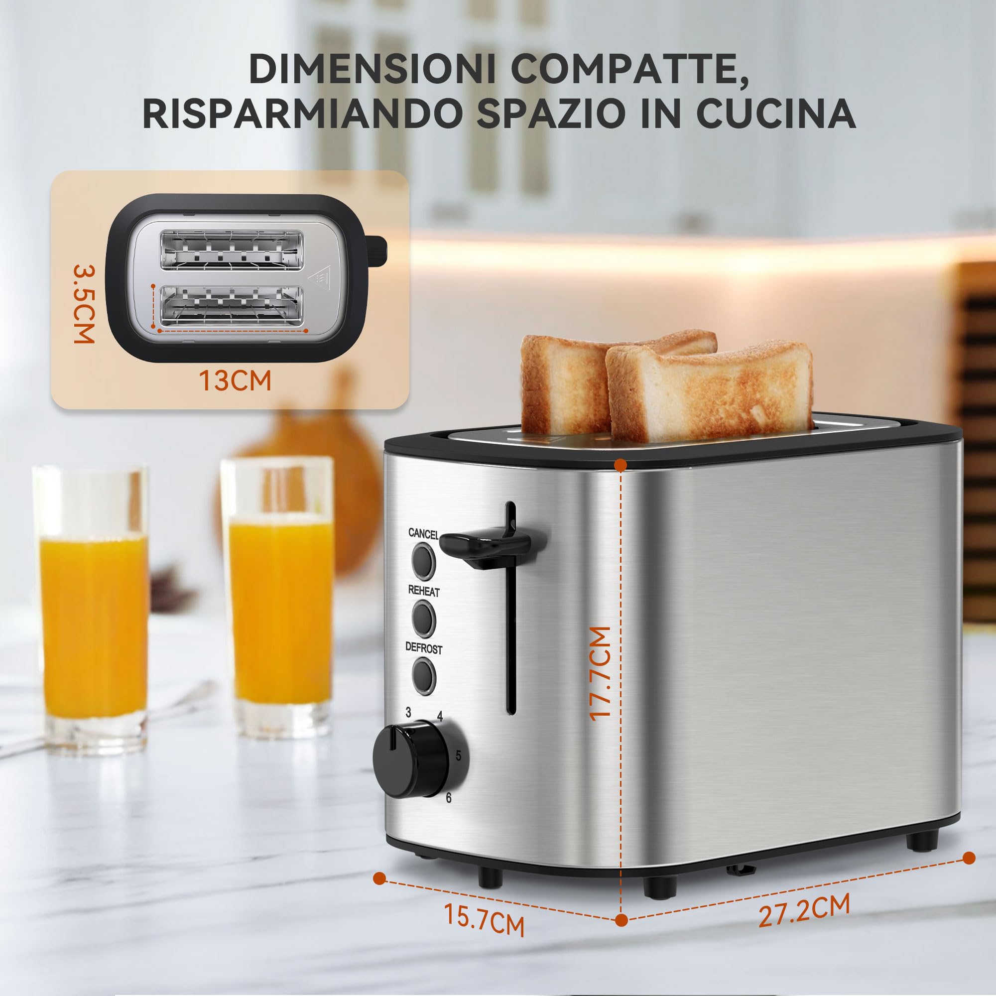 KitchenBoss Tostapane in Acciaio Inox：Tostapane per 2 fette con Pinze, 6 Livelli di Tostatura, con Cassetto Raccoglibriciole e Griglia per il Pane, Funzione di Spegnimento Auto e Sbrinamento, 870 W
