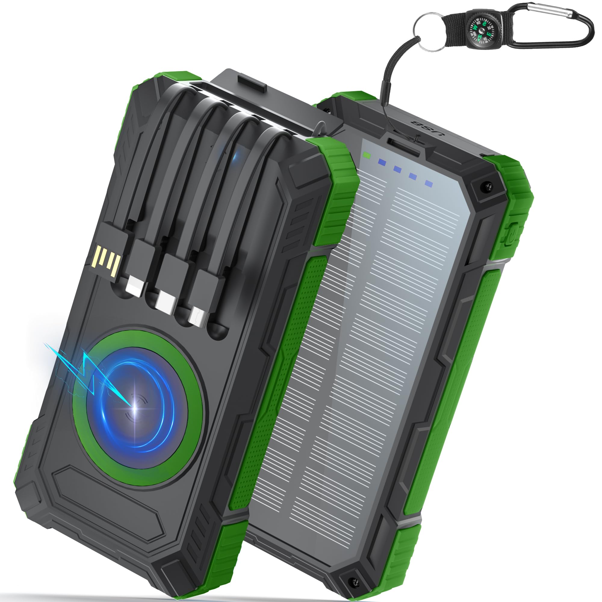 56800mAh Power Bank Solare con 4 Cavi 30WPD Caricabatterie Ricarica Rapida | Portatile Solare Power Bank Senza fil con Torcia LED | Bussola, 6 Uscite 3 Ingressi per Smartphones,Tablets