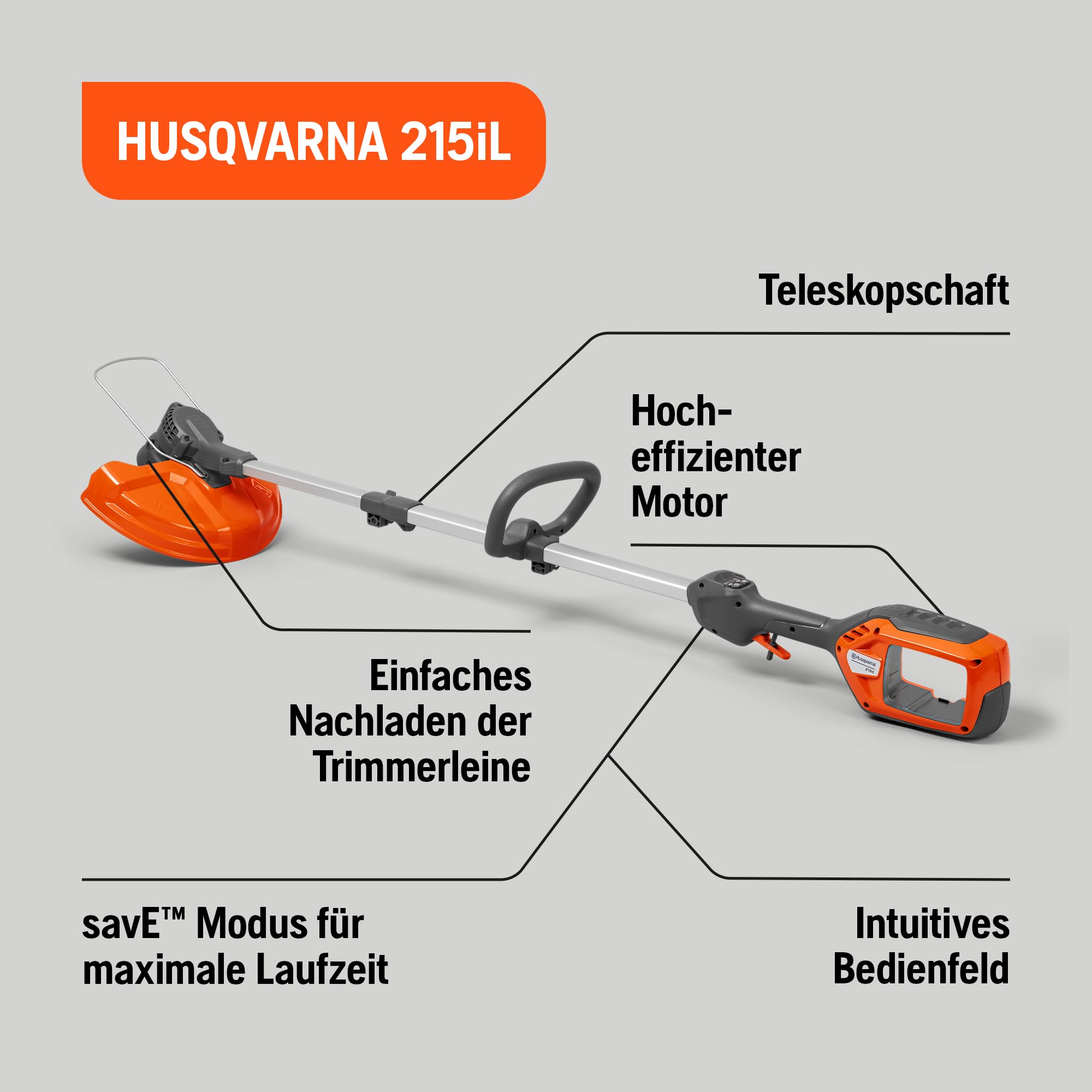 Husqvarna 215iL Rasentrimmer & 215iHD45 Heckenschere | inkl. 40-B70 Akku & 40-C80 Ladegerät. Praktisches Set mit Heckenschere, Grastrimmer, Akku & Ladegerät