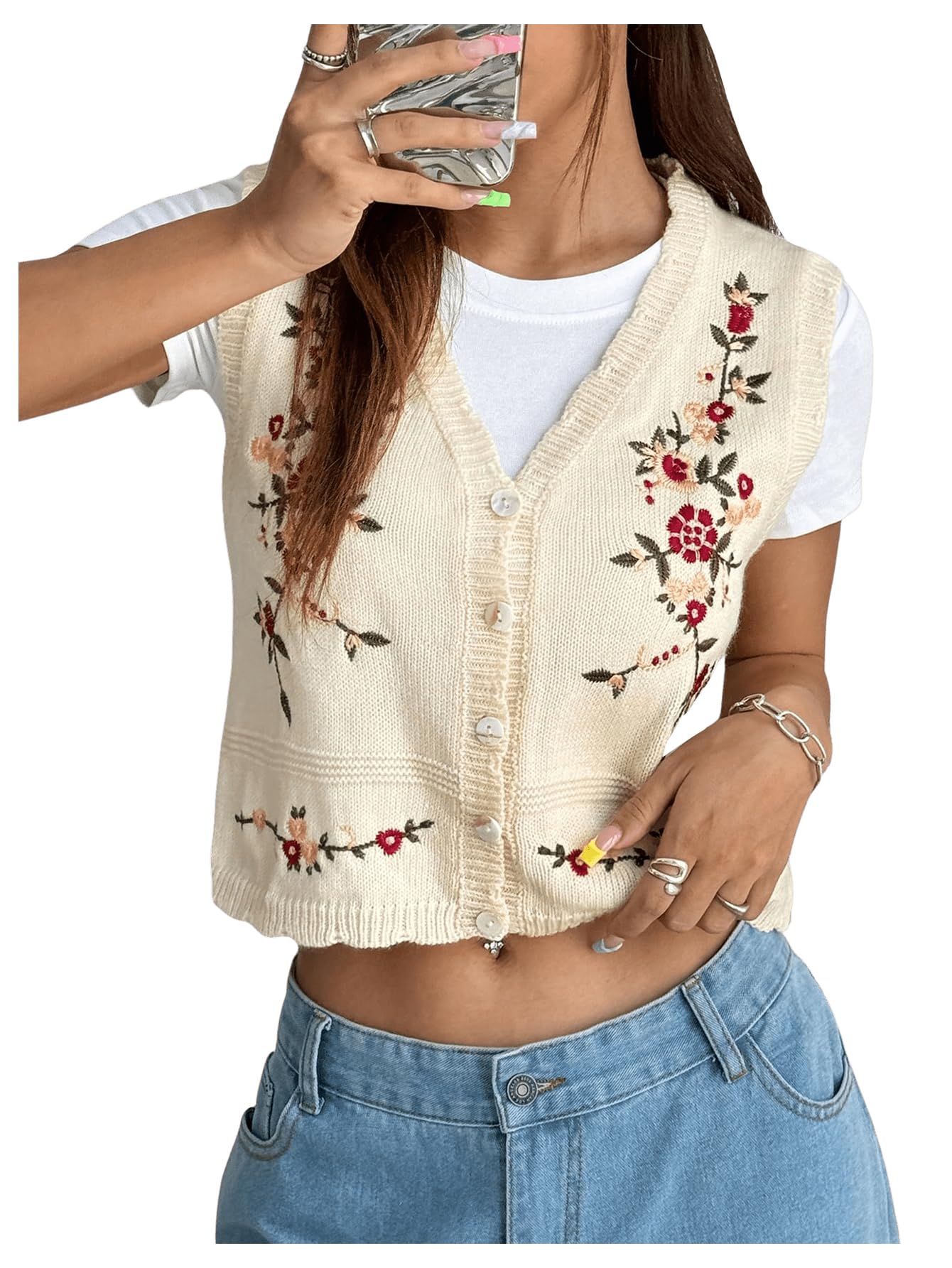 GORGLITTER Womens Flower Embroideried Boho Sweater Vest Sleeveless Fall Vintage Crochet Cardigan Khaki Small