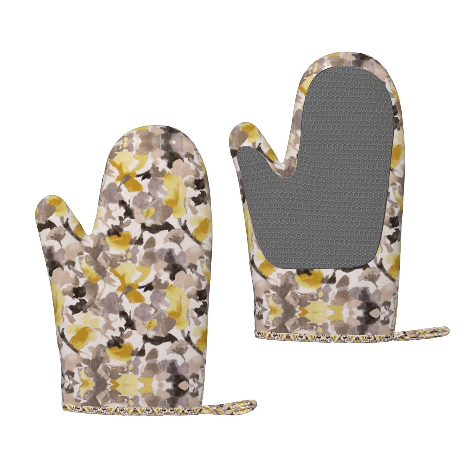 Yellow Gray Flower Silicone Oven Gloves - Heat Resistant Grill Bbq Gloves With Fingers Waterproof Non Slip Oven Mitts Kitchen Cooking Gloves For Baking, Grilling, Barbeque