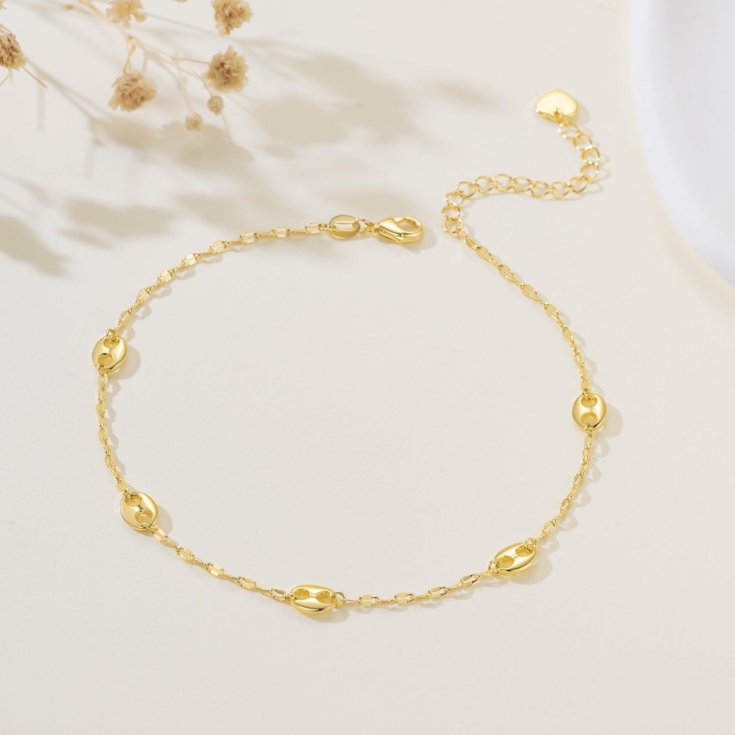 14K Gold Anklets for Women Gold Ankle Bracelets for Women Anklet for Womens Simple Design with Uniquely Oval Connectors Beach Boho Ankle Bracelet for Womens Adjustable (9.6-11) in