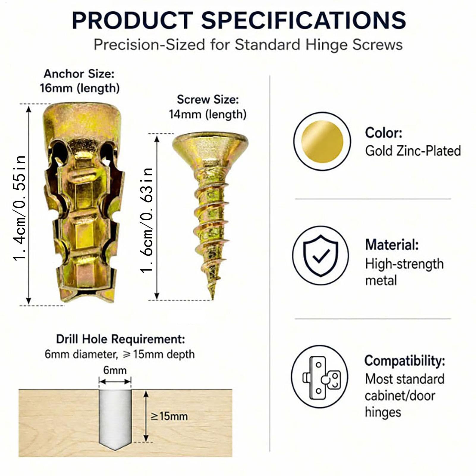 Hinge And Repair Screw Expansion krótkie metalowe okucia rozporowe, śruba naprawcza do drzwi, ściany, domu, pracy, garażu, montażu mebli, instalacji, prac stolarskich