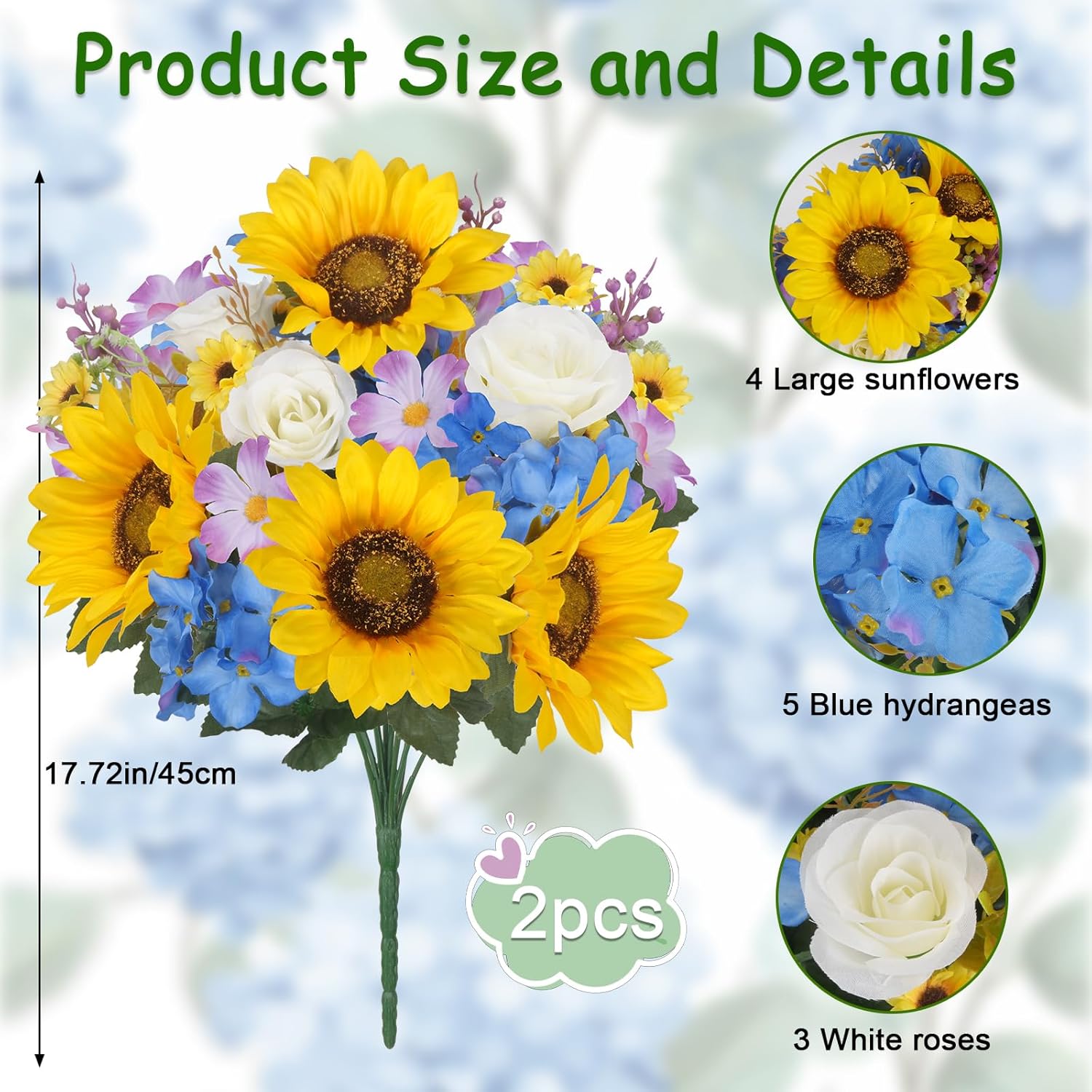 2Pcs Sunflowers Artificial Flowers Bouquets 17.7Inch Cemetery Flowers for Grave with Hydrangea Rose for Gravesites Table DIY Floral Arrangements Wedding Party Decor