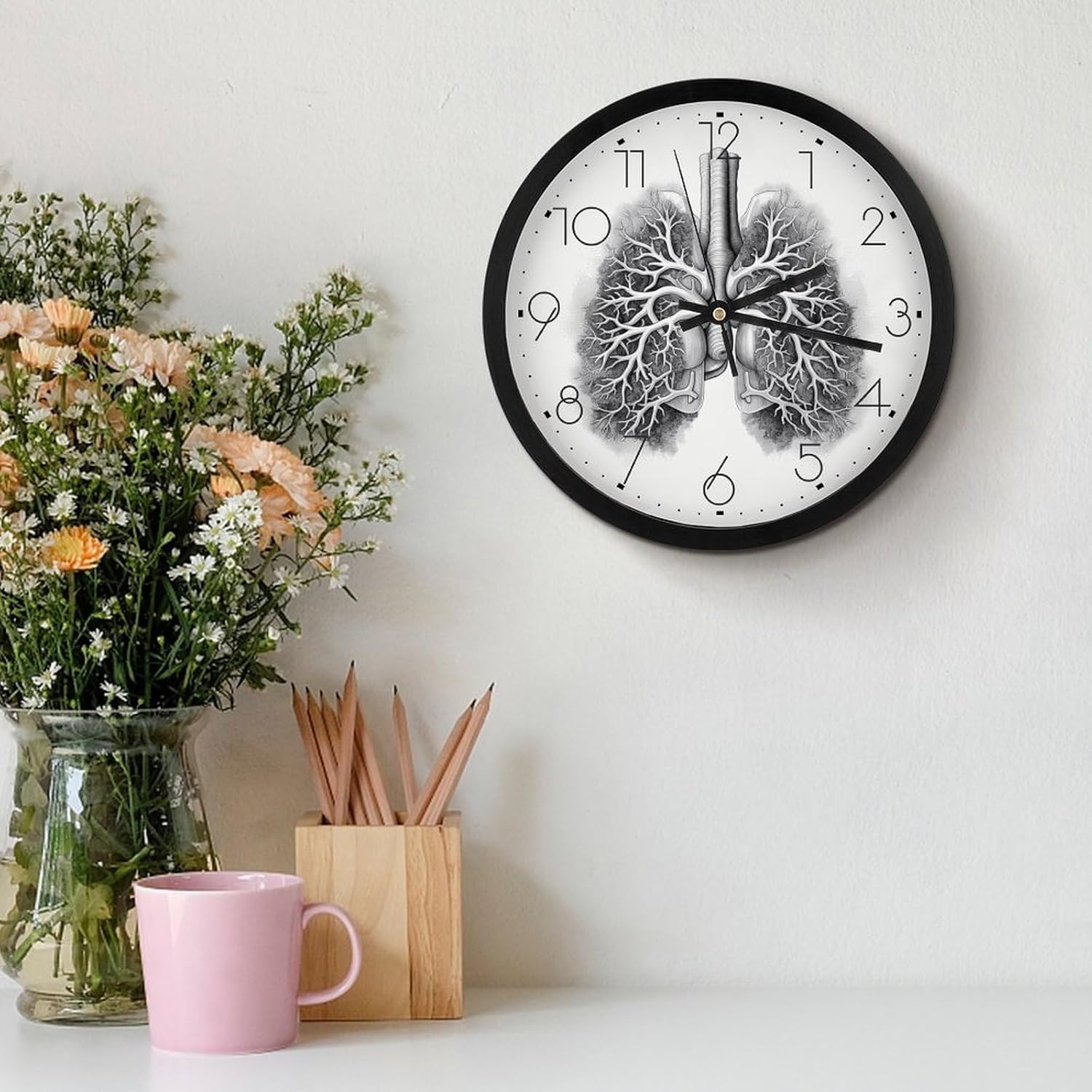 Round Wall Clock Fashionable Wall Clock Lungs Vector Image Bedroom Clock Non-Ticking Wall Clocks Decorative Wall Clock for Home Office Living Room Black