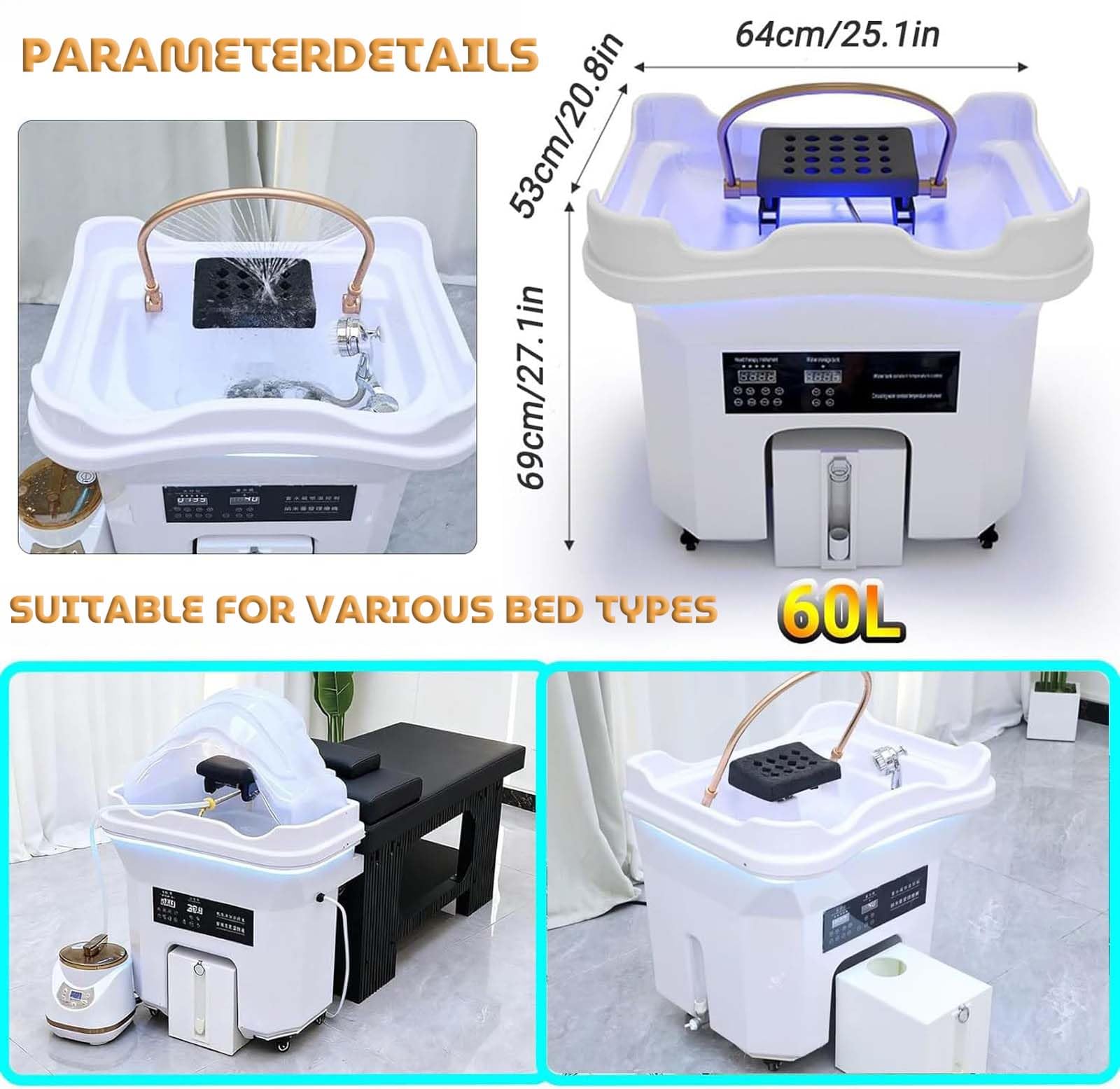 Lavabo para Champú para Terapia de SPA con CirculacióN de Agua,Lavacabezas Portatil con 4 Ruedas Silenciosas,Adecuado para Capilares y Salones de Peluquería (White)