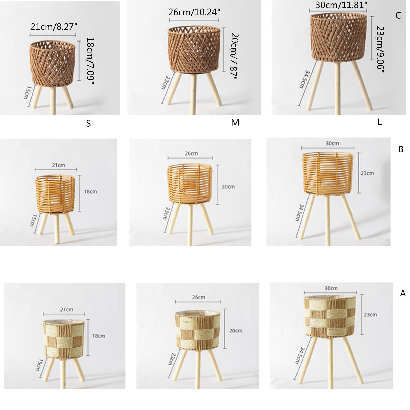 Vaso da fiori in rattan intrecciato a mano con supporto in legno, cestino per interni ed esterni, per decorazioni per la casa e il giardino, supporto per piante