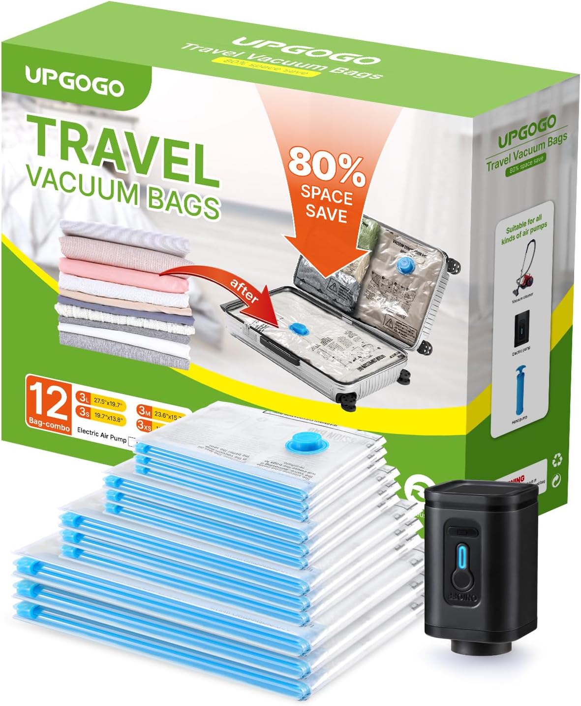 Combo 12 Pack Travel Vacuum Bags with Portable Electric Pump, Space Saver Vacuum Storage Bags, Travel Essentials