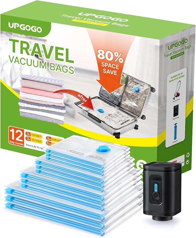 UPGOGO Combo 12 Pack Travel Vacuum Bags with Portable Electric Pump, Space Saver