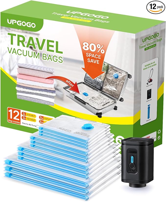Combo 12 Pack Travel Vacuum Bags with Portable Electric Pump, Space Saver Vacuum Storage Bags for Clothing and Luggage, Travel Essentials