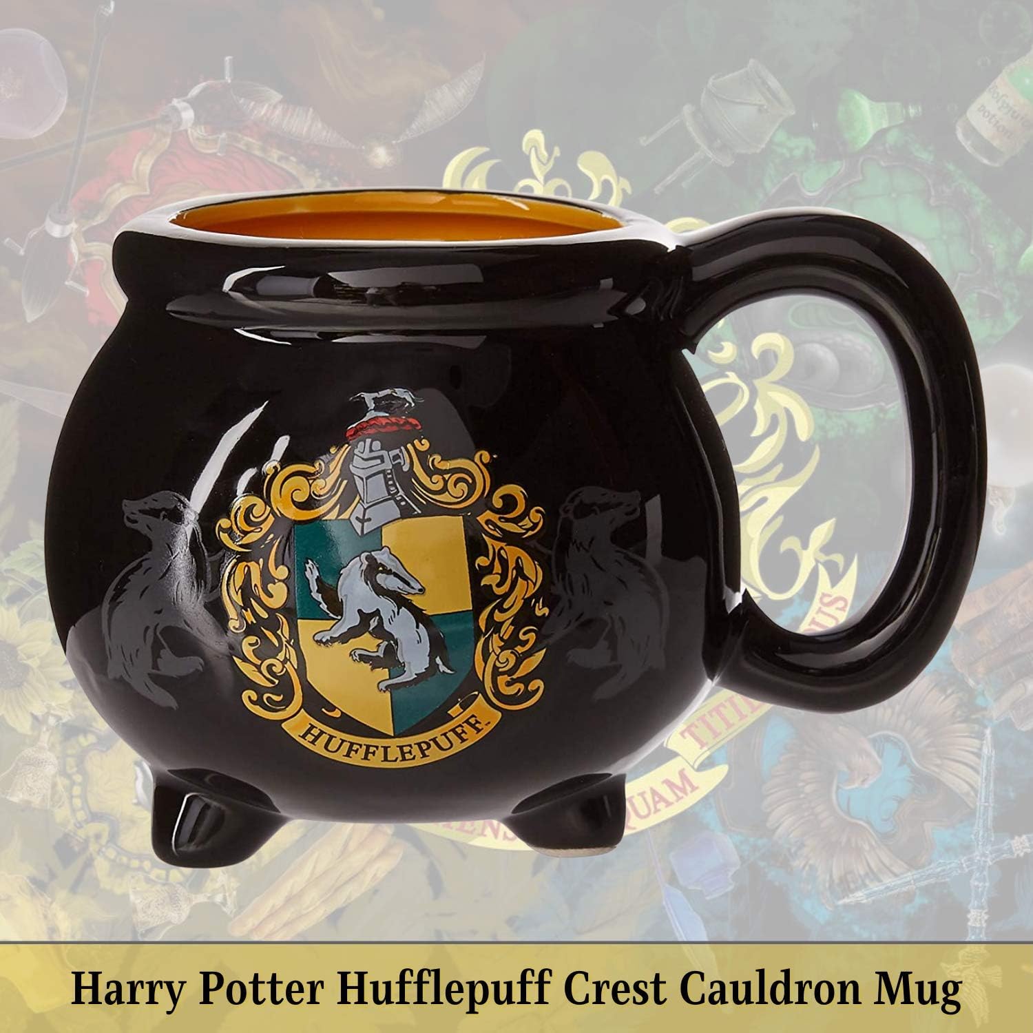 New Deal Silver Buffalo Harry Potter House Hufflepuff Crest Cauldron Ceramic 3D Sculpted Mug, 20 oz