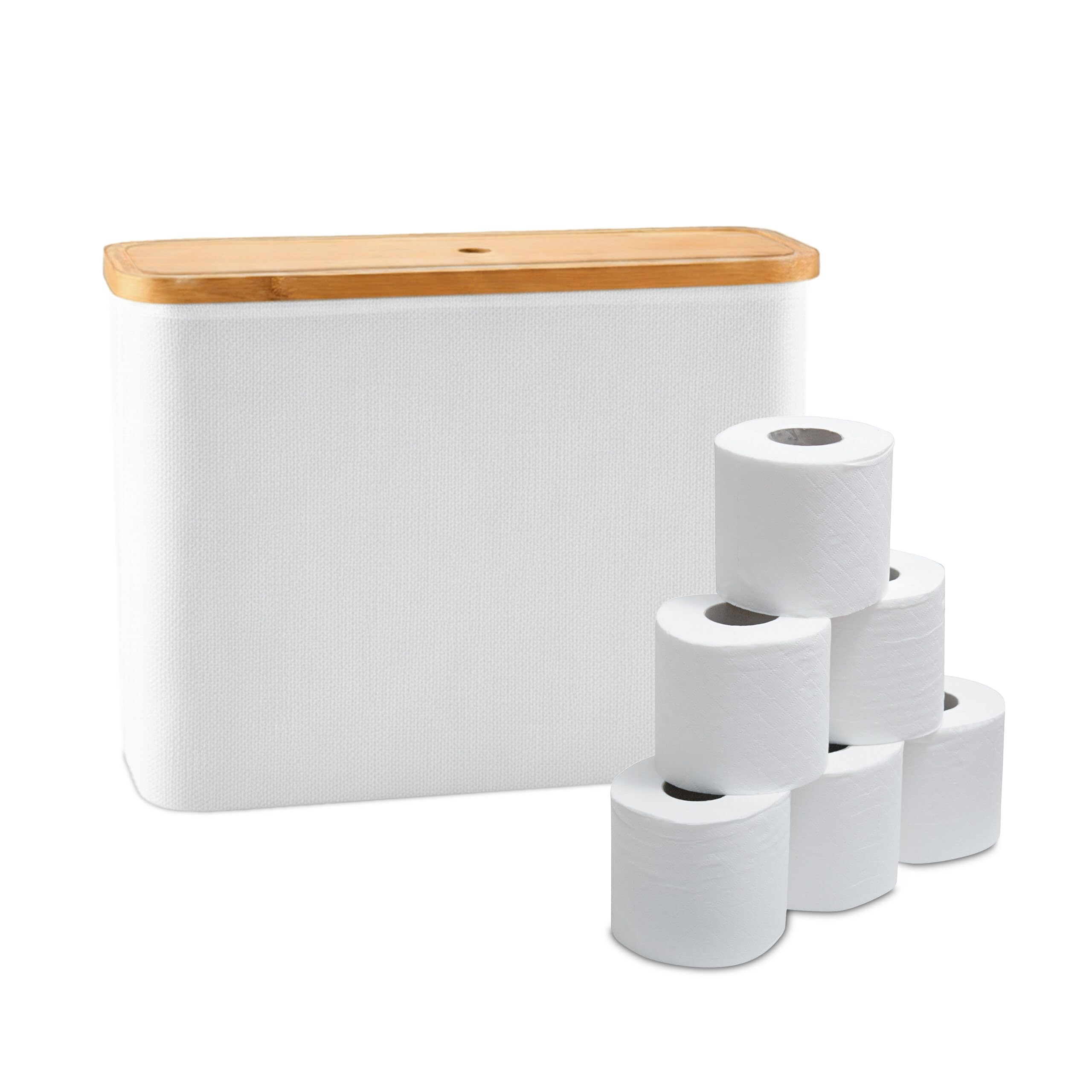 Relaxdays toilet paper holder, stores 12 rolls, HxWxD: 34.5 x 45 x 15 cm, fabric, bamboo, white