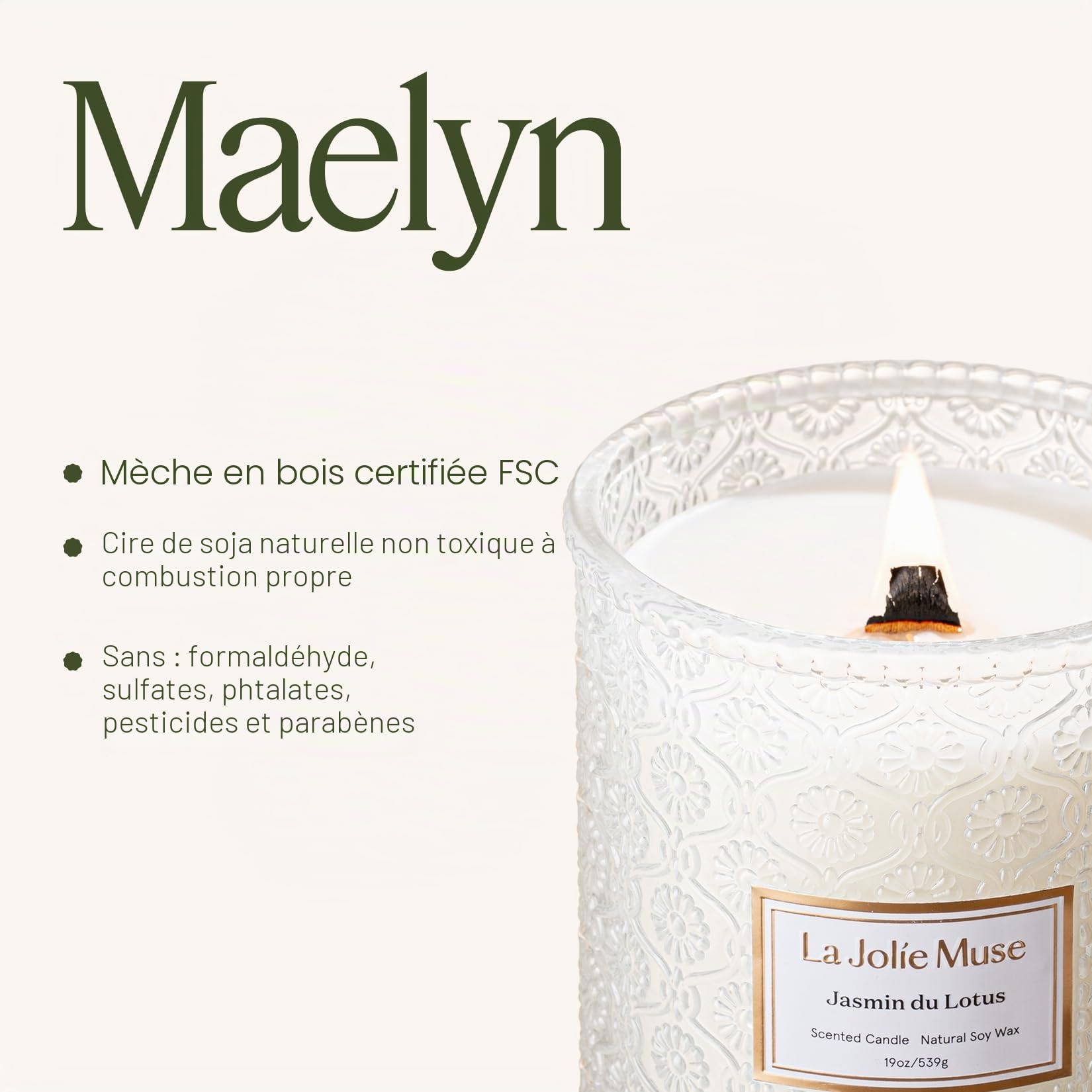 La Jolíe Muse Bougie parfumée au jasmin, bougie pour la fête des mères, bougie parfumée avec mèche en bois pour femmes et hommes, grande bougie en verre pour la maison, durée de combustion de 90