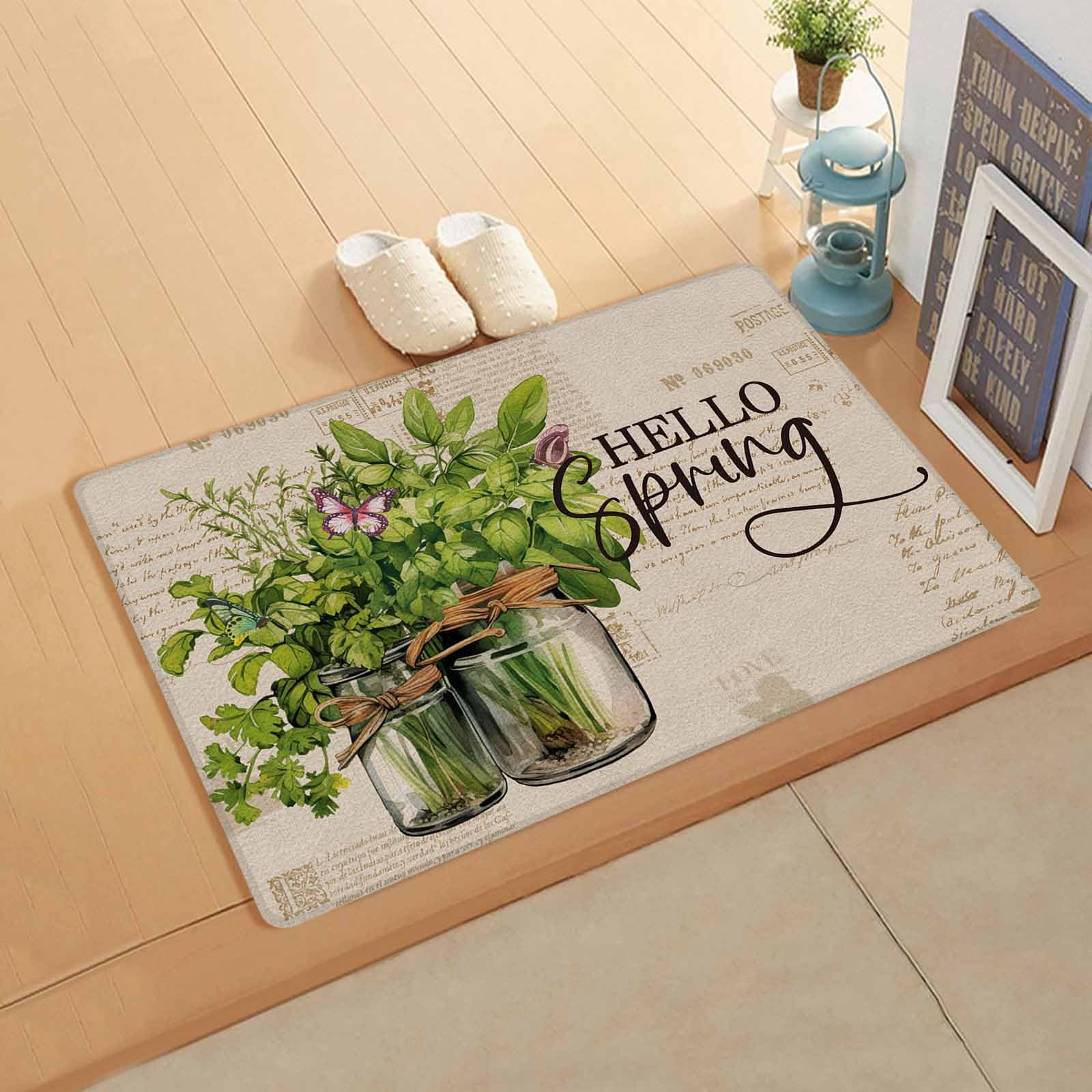 Spring Leaves Antifatigue Kitchen Bath Door Mat Cushioned Runner Rug,Washable Welcome Floor Sink Mat,Waterproof & Non-Slip Kitchen Standing Doormat,Green Bottle Botanical Retro Brown Newspaper 24