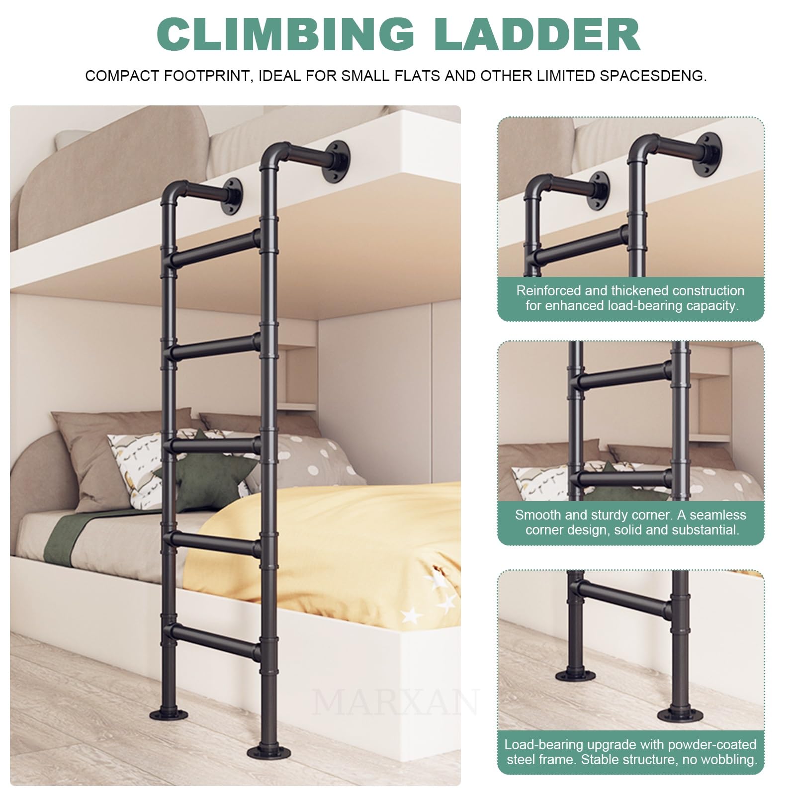 Scala di emergenza per la fuga dalla finestra del seminterrato, gradini in metallo nero, scala resistente per soppalchi, letti a castello, camper e camere da letto(175cm/69in)