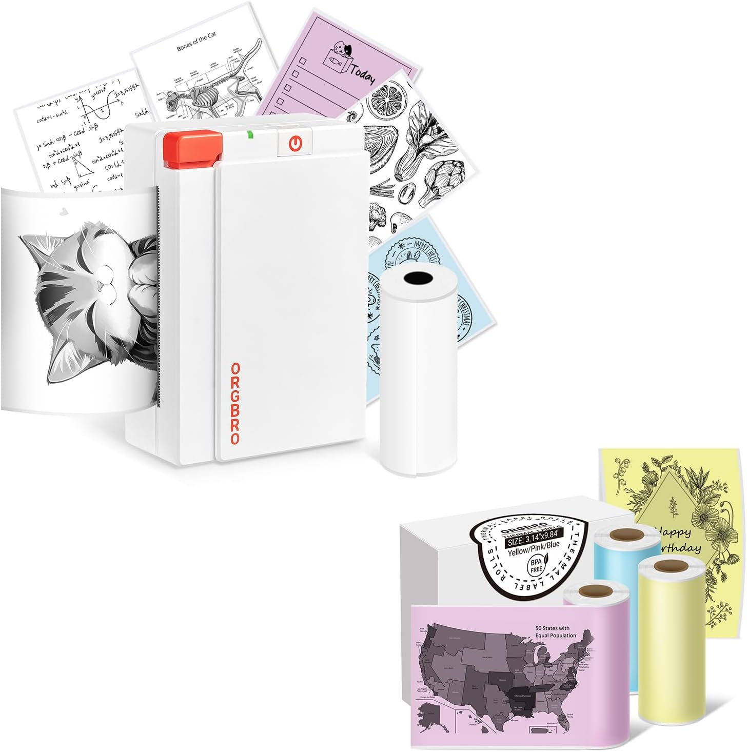 ORGBRO X3 Sticker Printer with 3 Rolls Colorful Non-Adhesive Paper, Bluetooth Thermal Printer Support 2-3 inch Printing Width, 80mm x 3m Thermal Stickers for Study Notes, Plan Journal, Photo