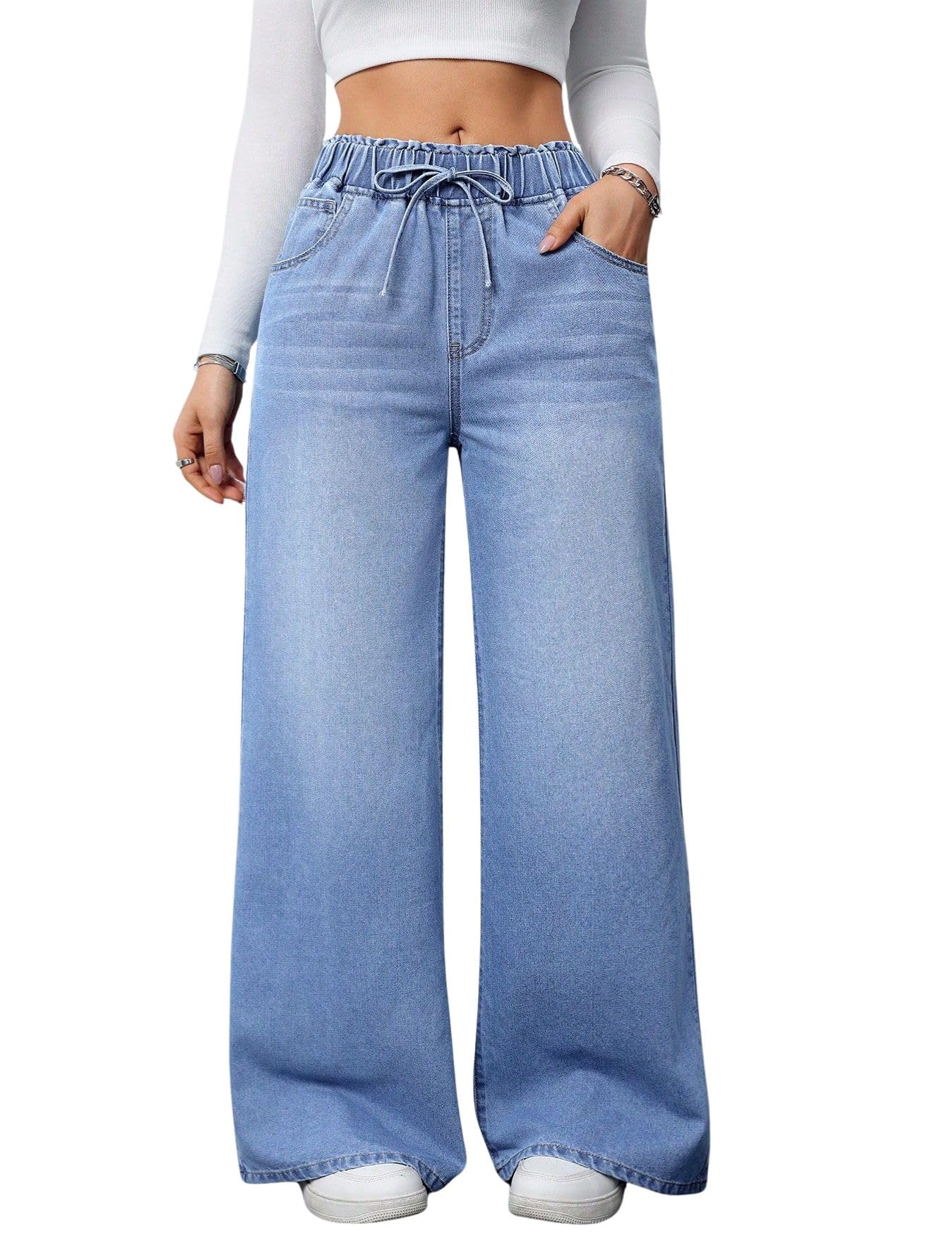 Collection Loose Fit High Waist Elastic Waistband Jeans for Women-image-18