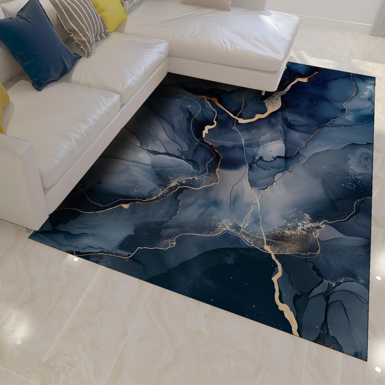 Waschbarer Teppich 180x240 moderner Marmorteppich für Wohnzimmer Schlafzimmer Esszimmer weich niedrigflor maschinenwaschbar rutschfest Nicht abfallend goldblau Fußmatte