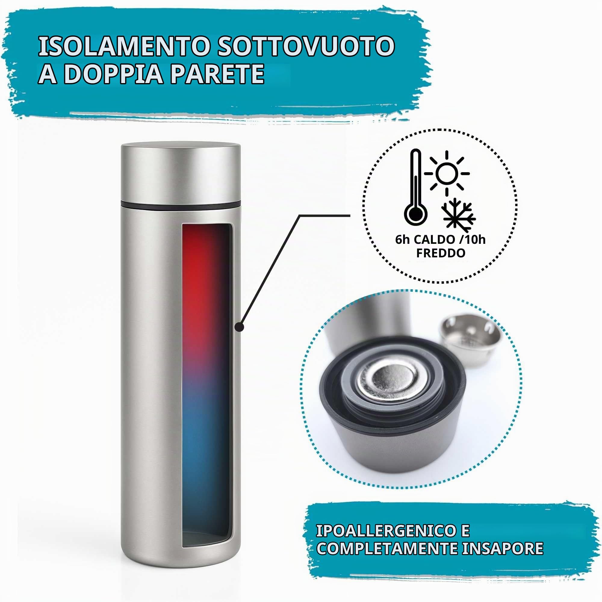 Thermos in titanio, 450 ml, ultraleggero e a doppia parete, isolato, 100% titanio, insapore e senza BPA, con filtro da tè e spazzola naturale, per tutti i giorni, viaggi e attività all'aperto