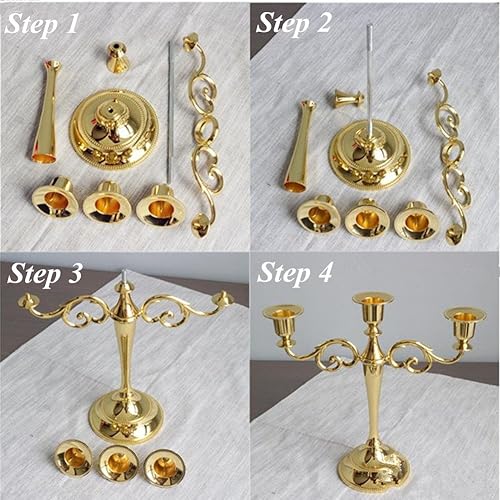 Miniatura 4 de ZJchao Portavelas de 3 brazos, 2 piezas de metal dorado plateado 3 ramas, candelabros de mesa estilo europeo para cena, boda, decoración del hogar