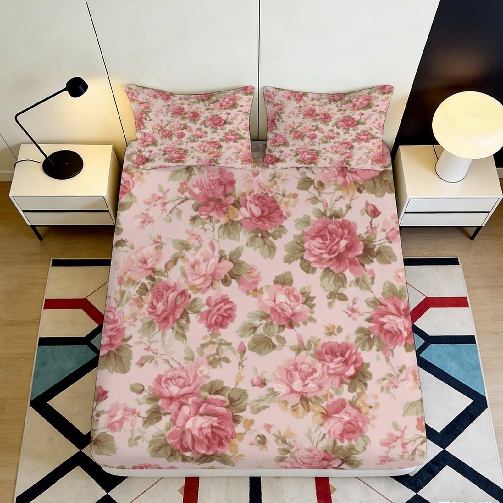 3D Printed Skull Floral Fitted Sheet Microfiber Deep Pocket Bedroom Bedding Elastic Hem Skull Flowers Mattress Fitted Cover for Adults Teens 200x200x25cm