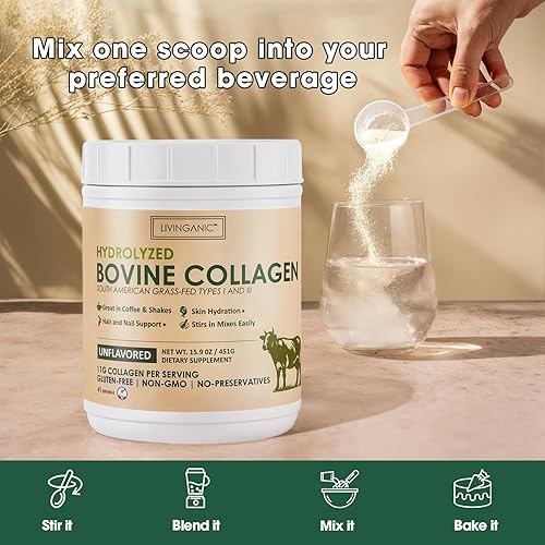 Miniatura 4 de LIVINGANIC Péptidos de colágeno en polvo sin sabor 15.9 onzas, colágeno bovino hidrolizado, 41 porciones tipo I y III, alimentado con pasto,