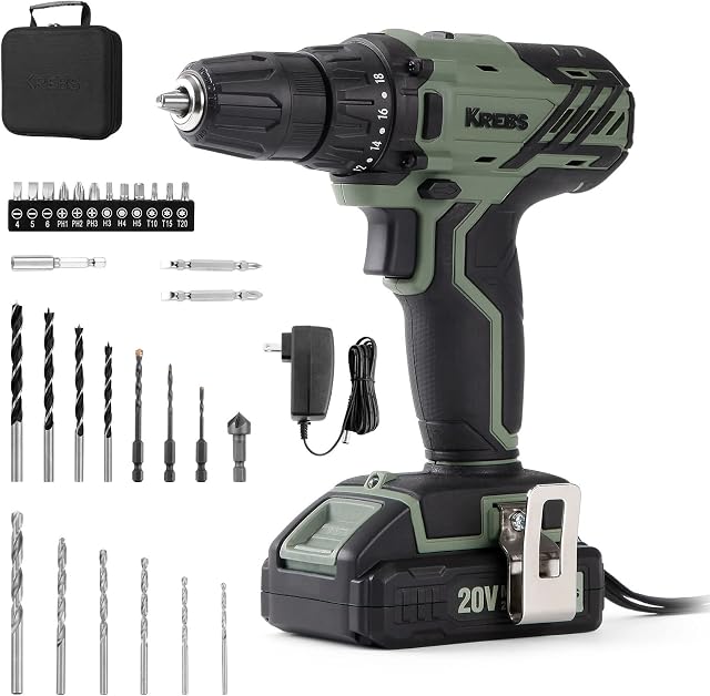Krebs 20V Cordless Drill Set Portable Electric Power Drill Kit Batteries Fast Charger Driver Tool Kit 3/8 Inch Keyless Chuck 2 Adjustable Speed 18+1 Torque for Home and Bicycle Repair, DIY Project. | 32 Nm Power Drill Kit with 1 Batteries & Fast Char