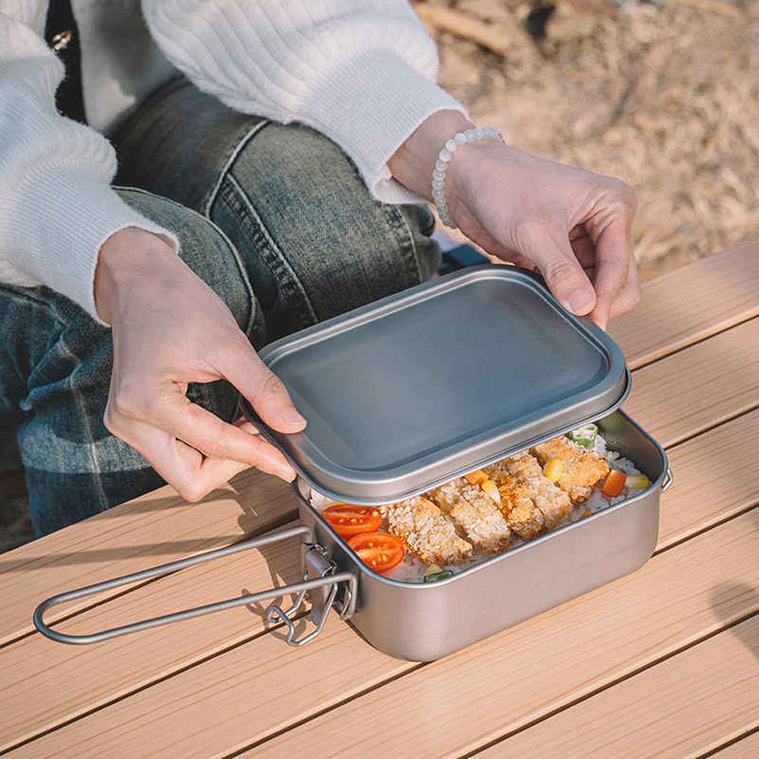 800ml Titanium Lunch Box Leak-Proof Lid & Folding Handle Camping Cookware Lightweight Outdoor Cooking Pan for Backpacking Hiking Picnic & Travel RT037T