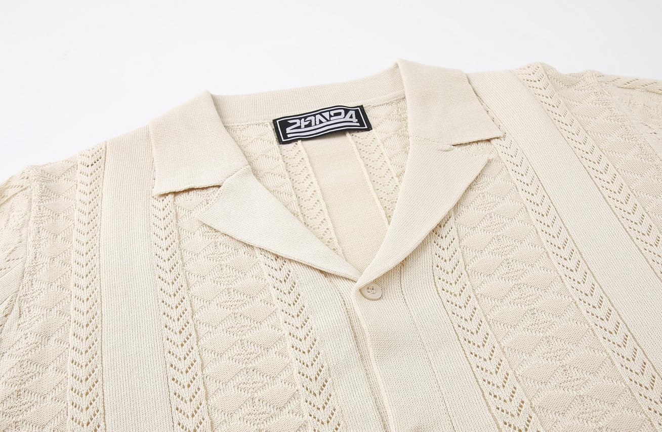 Condition photo showing New/Like New for alex vando mens knit dress shirts camp collar jacquard short sleeve shirt for men herringbone apricot large