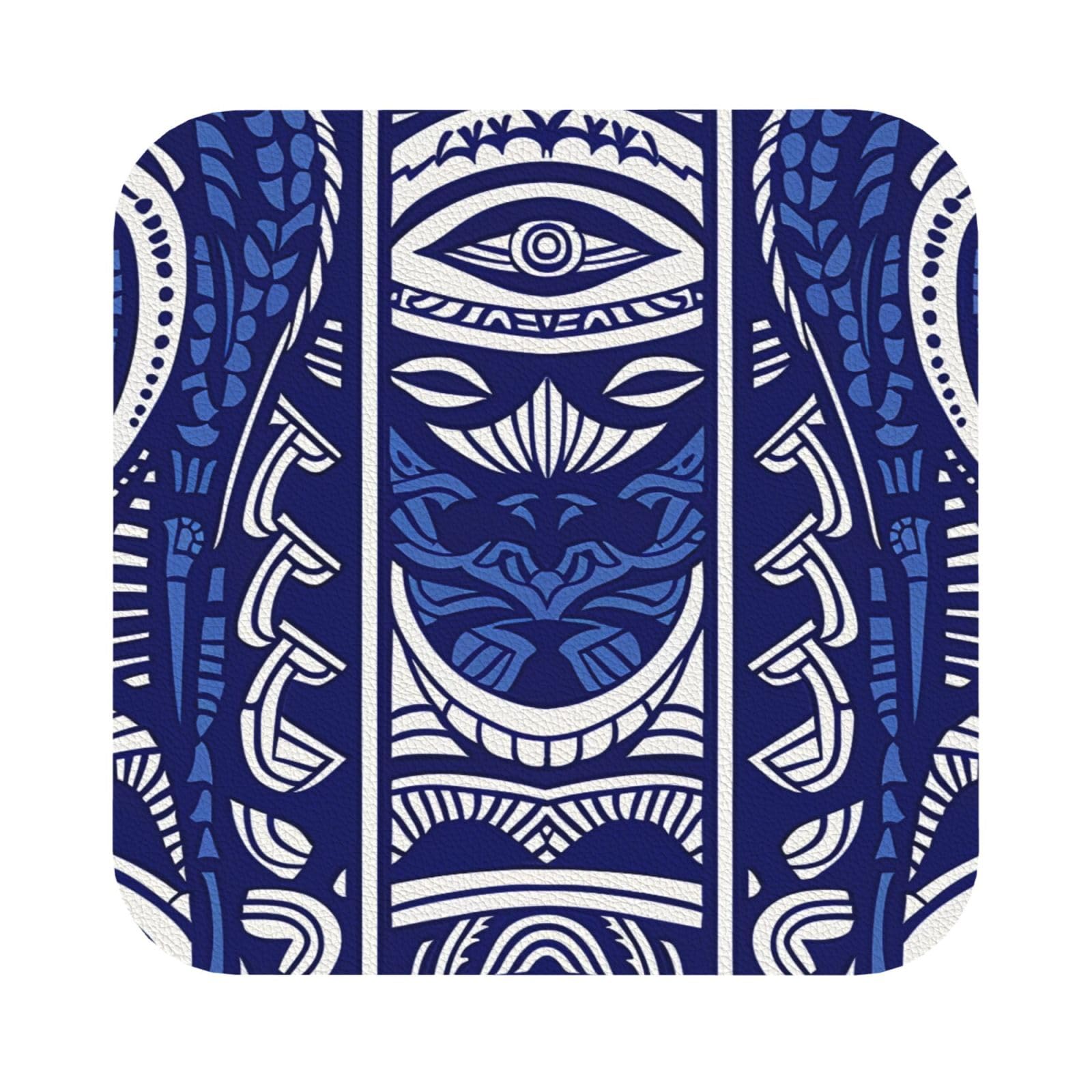 Blue Polynesian Maori Tribal Pattern Print Leather Coaster Set of 6, Square Coasters Table Decorative Coffee Cup Beverage Coasters Wine Beer Bar Coasters for Hot Drinks Table Protection