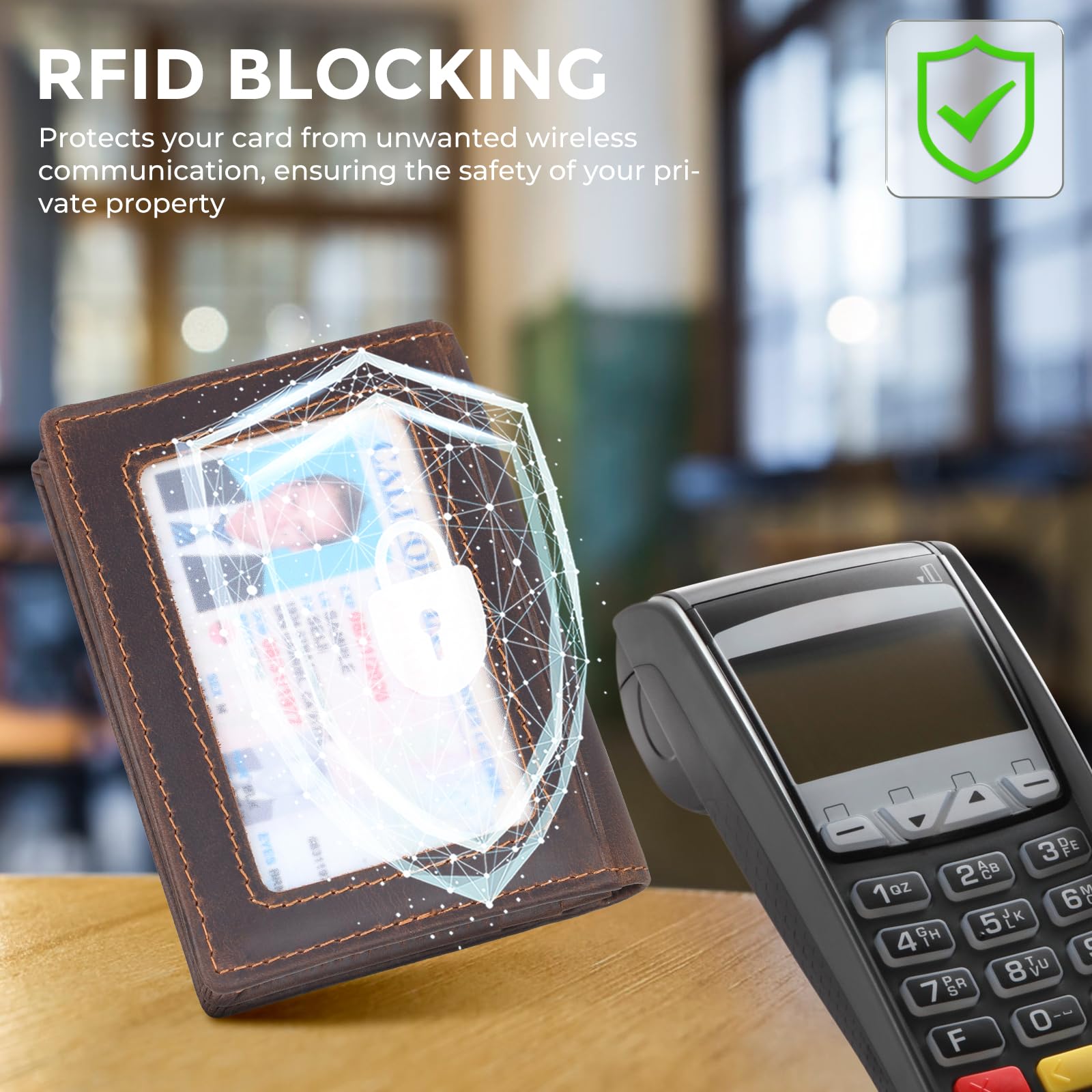 Przednia kieszeń blokująca RFID, wąski, skórzany, składany portfel, etui na karty kredytowe, okienko na dowód osobisty