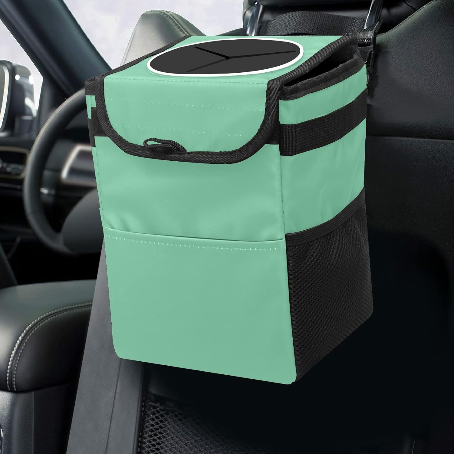 Car Trash Bin Waterproof Garbage Can with Lid Mint Green Trash Can for Cars SUVs Trucks - Multipurpose Car Garbage Bag Hanging for Headrest Portable with Storage Mesh Pocket