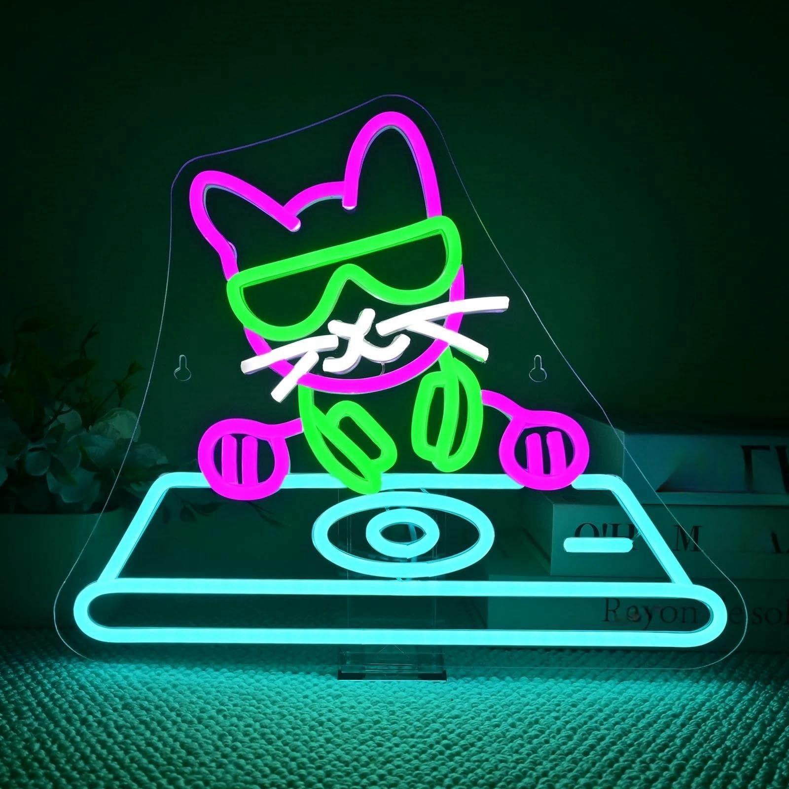 Insegna al Neon Insegne Al Neon DJ Cat Per Decorazioni Da Parete, Insegne Luminose Creative, Decorazioni Per Stanze Fantastiche, Per Camera Da Letto, Musica, Bar 42x31cm