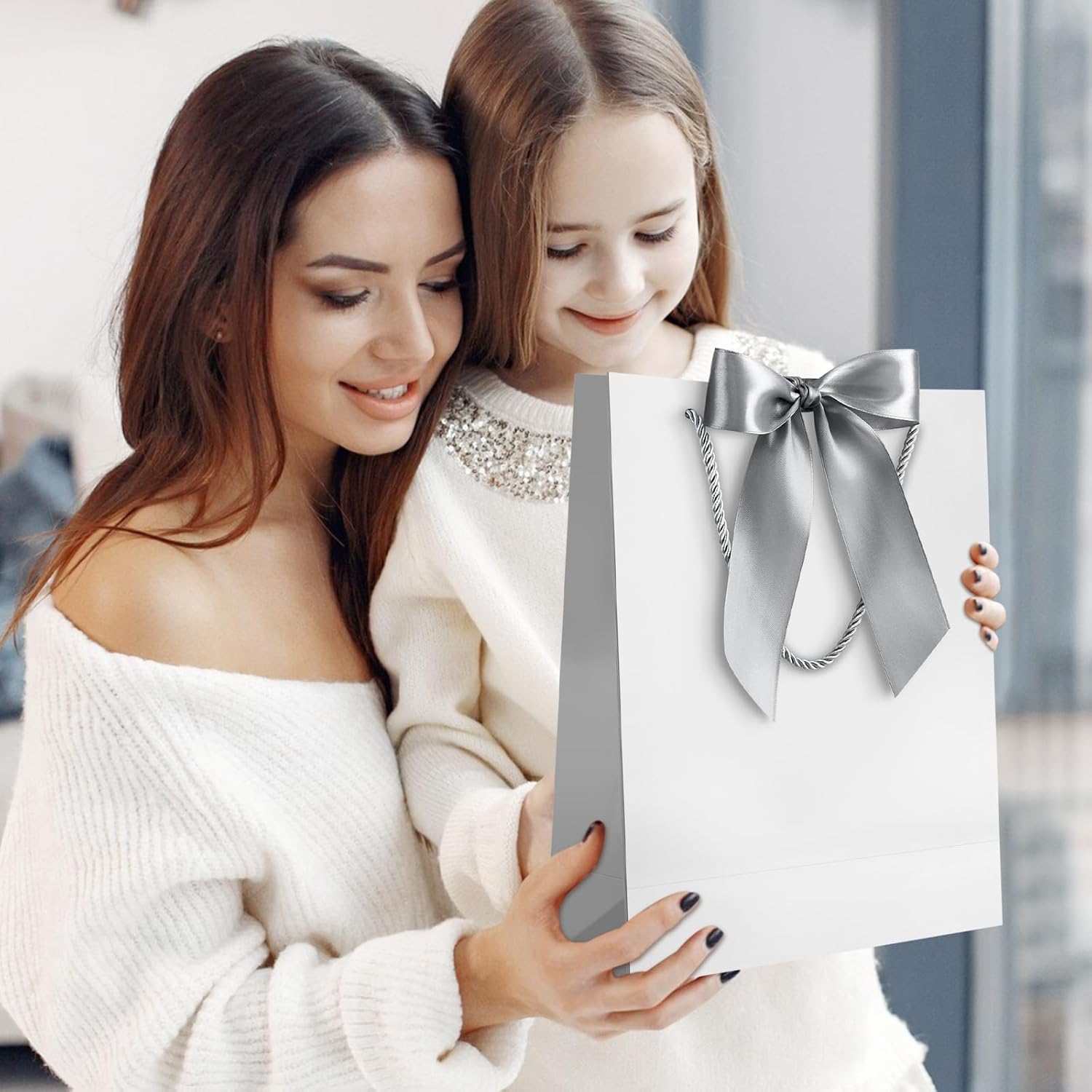 YoungTree 1PCS Large Gift Bag with Ribbon and 1 Greeting Card 2 Tissue Papers, Portable Paper Gift Bag with Handles, Birthday Gift Bags,Present Bags for Wedding Party,Mothers Day9.8"X12.6"X3.9"(White - Image 8