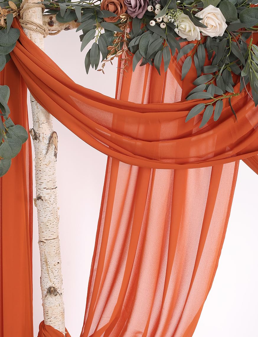 Lot de 2 panneaux de tissu drapé en mousseline de soie pour arche de mariage, décoration de fond de fête de mariage, orange brûlé et orange brûlé