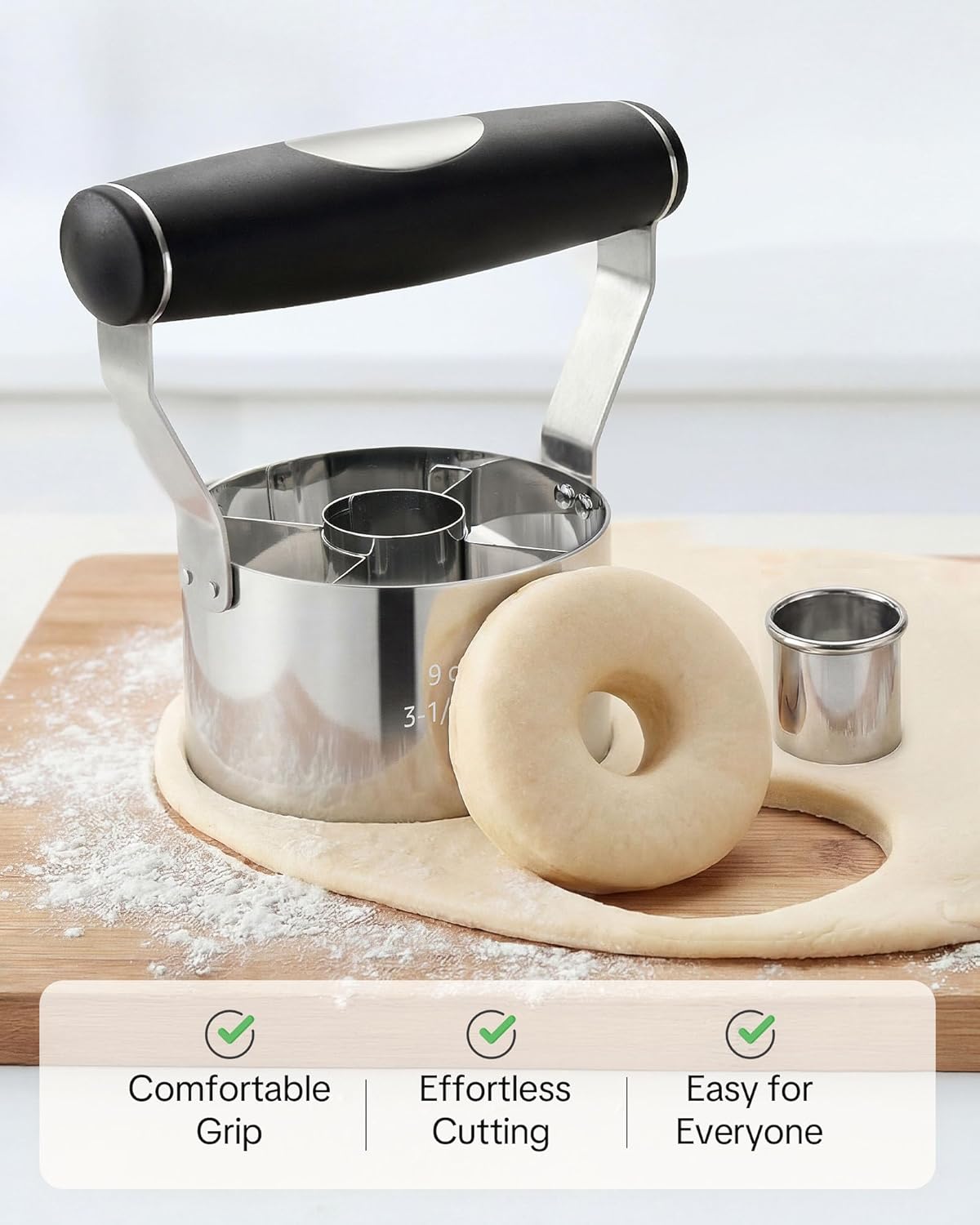 Donut Cutter with Hole, 3.5" Stainless Steel Doughnut Cutters | Ergonomic Soft Handle, Dough Maker for Baking, Dishwasher Safe, Gift-Ready Packaging