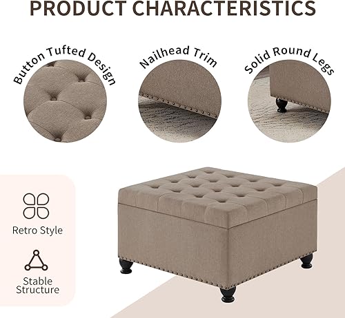 Miniatura 4 de Sudwesto Mid-Century - Banco otomano cuadrado de almacenamiento, banco copetudo con botones con ribete de cabeza de clavos, mesa de centro tapizada