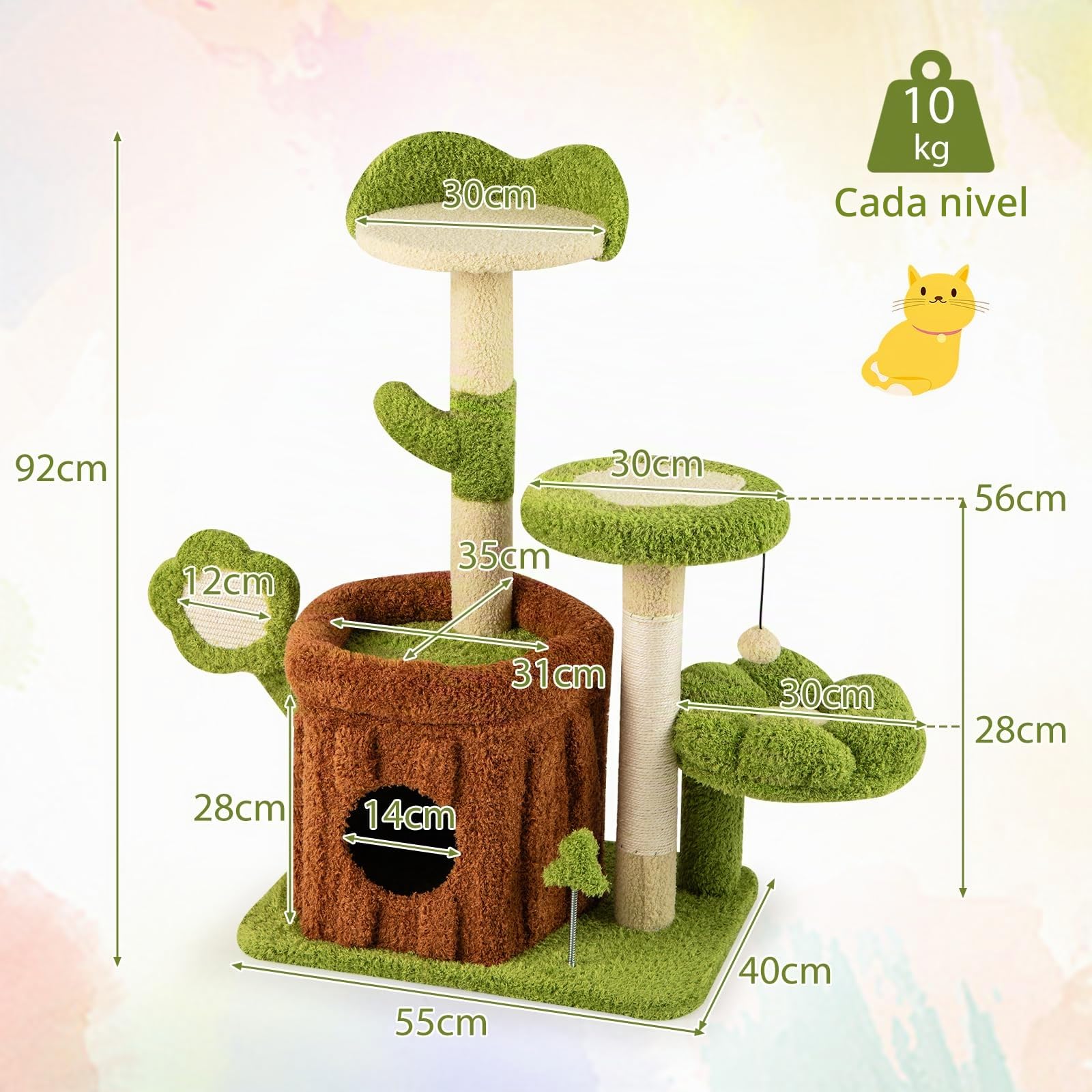COSTWAY Árbol para Gatos de Bosque, Torre Multinivel con Condominio de Tronco, Percha Floral Acolchada, Rascador de Sisal y Juguetes, Centro de Actividades para Gatitos y Adultos, Verde + Marrón