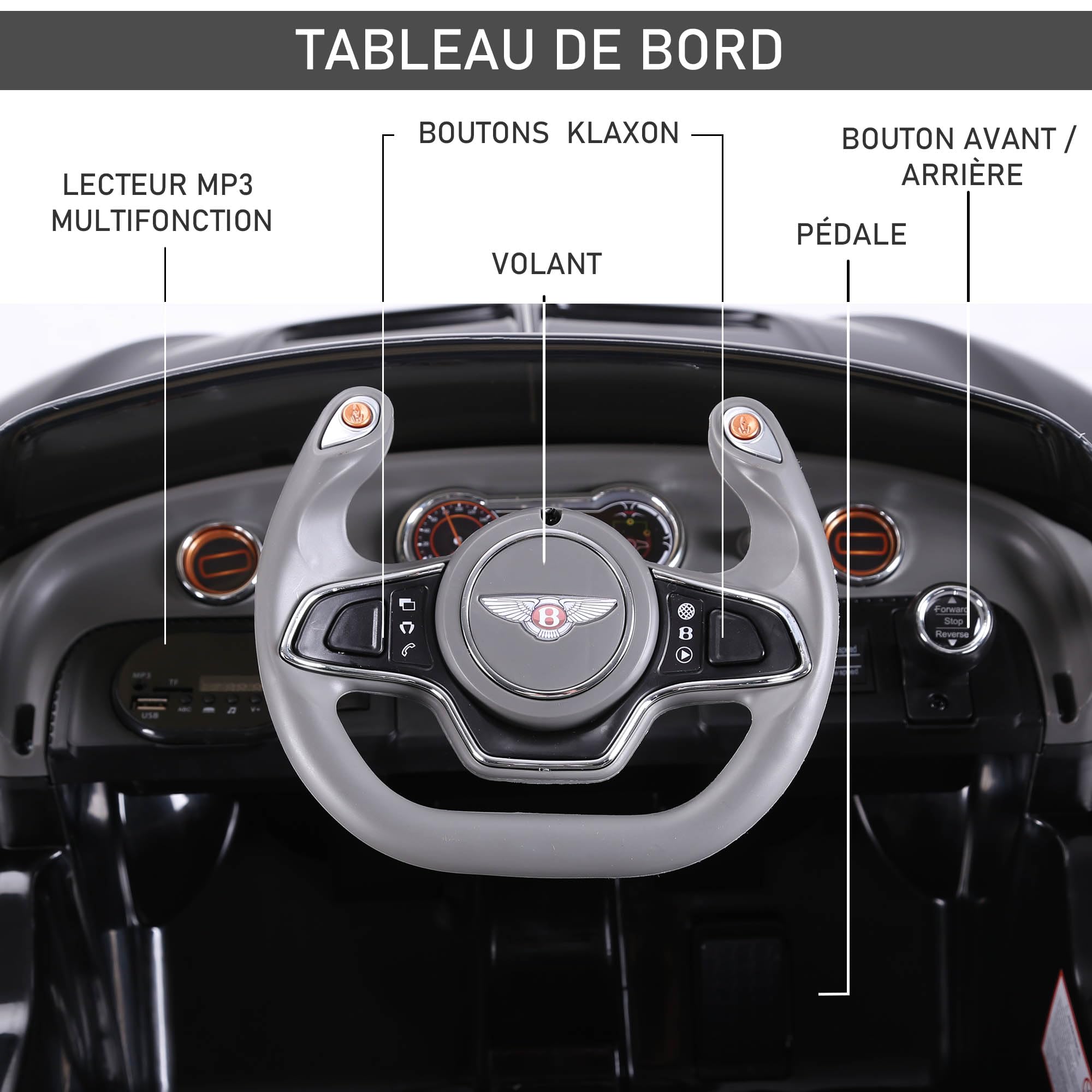 HOMCOM Pojazd elektryczny dla dzieci 2 silniki 108 l x 60 l x 43H cm pilot Efekty dźwiękowe + światło czarne Bentley