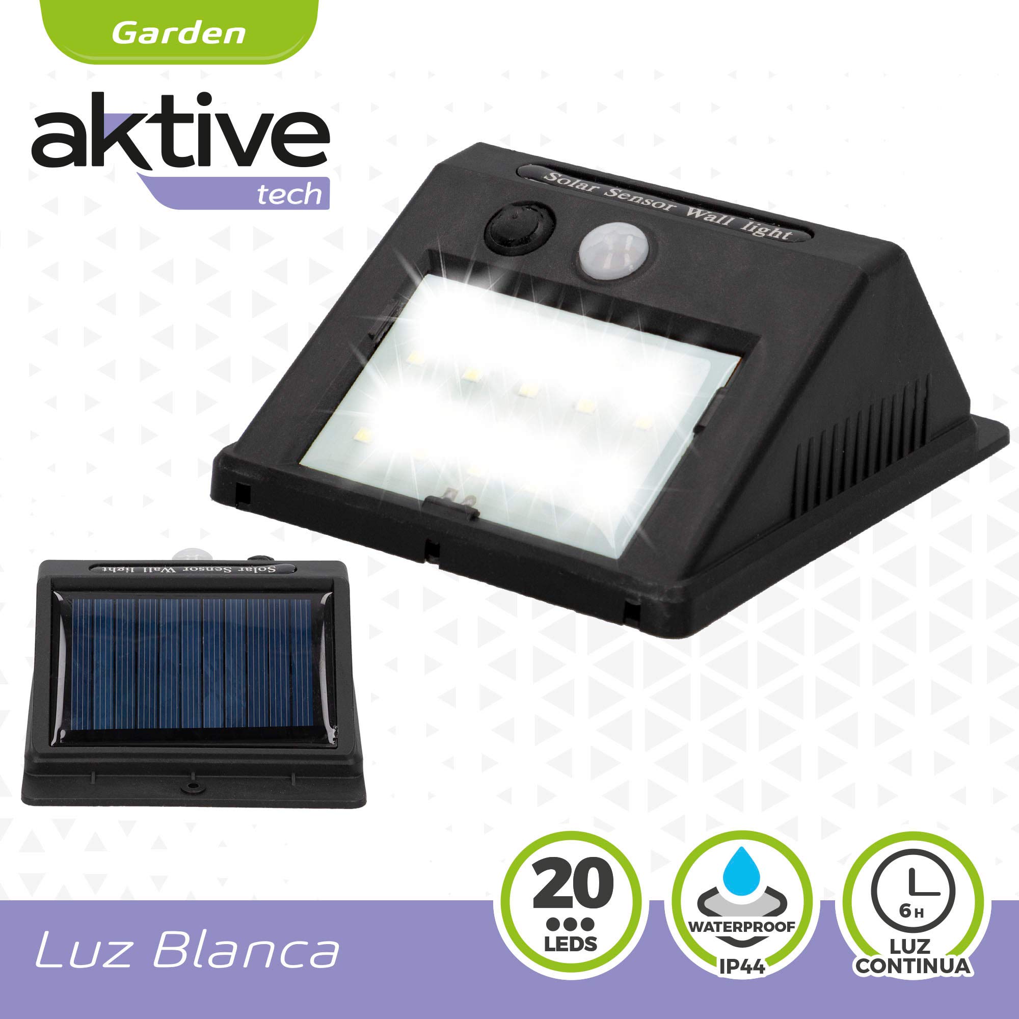AKTIVE - Zestaw 6 świateł, Zewnętrzne lampy solarne LED, oświetlenie zewnętrzne, wodoodporne, czujnik ruchu światła, przycisk ON/OFF, zawiera 1 akumulator