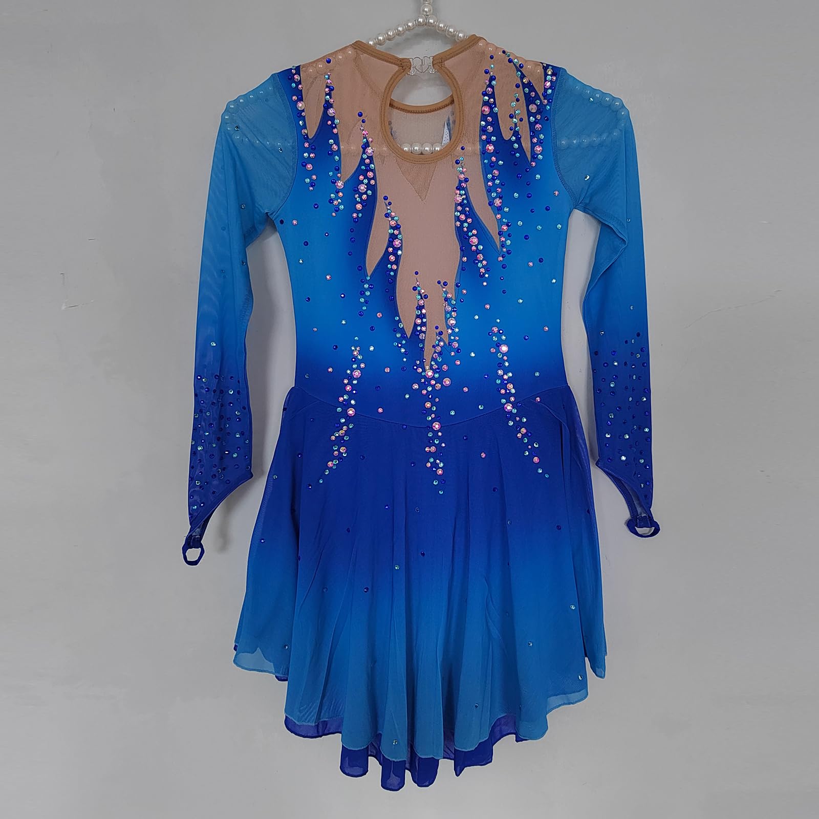 LIUHUO Eiskunstlaufkleid mit Langen Ärmeln, Netz-Rock, für Mädchen, Wettkampf-Performance, Blau