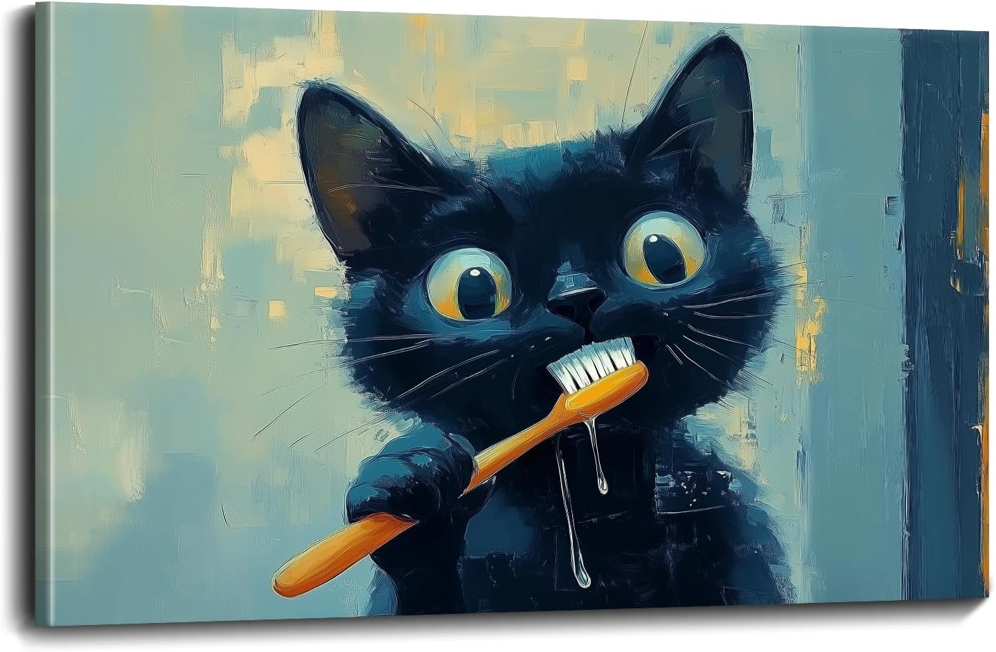 OLUNMILA Funny Cat Brushing Teeth Canvas Wall Art Black Cat Bathroom Decor Prints Poster Vintage Animal Painting Ready to Hang for Bathroom Restroom Laundry Room(ANI-03,12"x18")